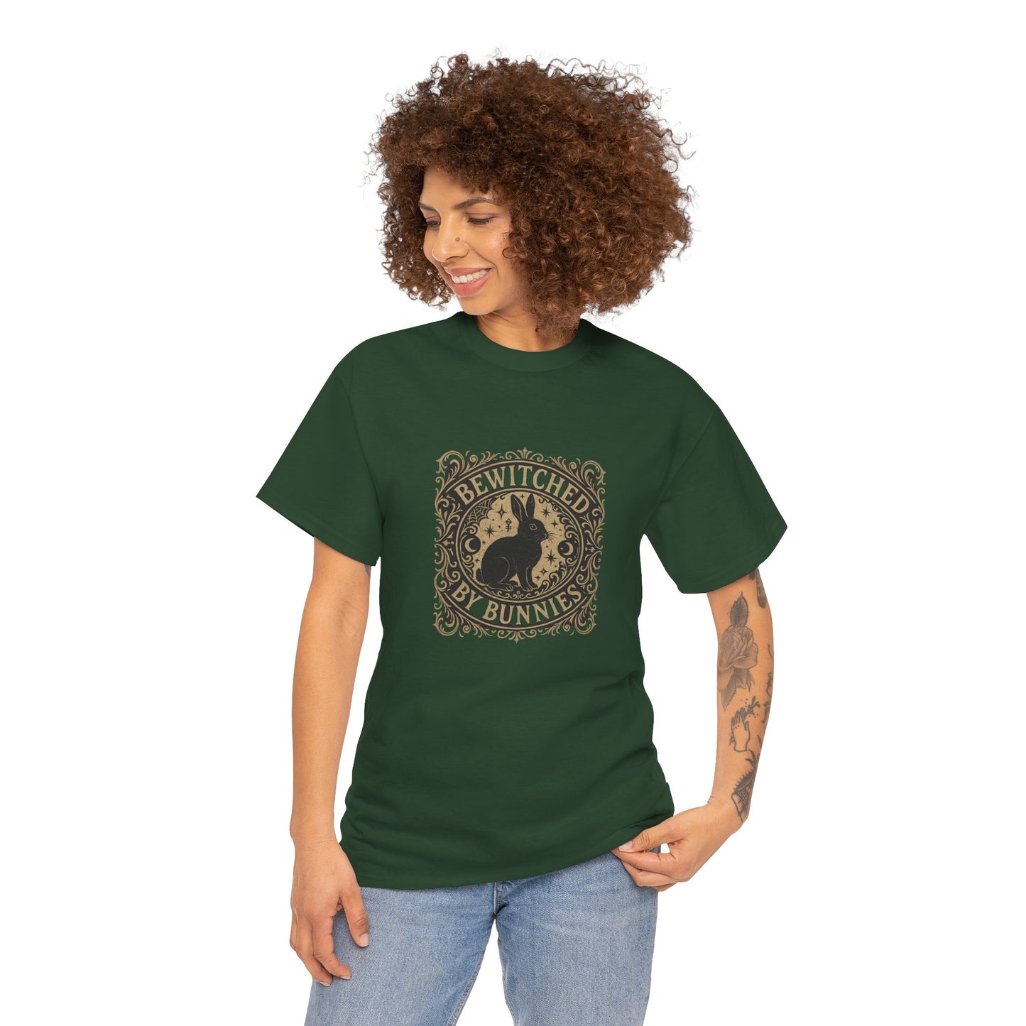 Bewitched by Bunnies Unisex Heavy Cotton T-Shirt – Enchanted Rabbit Halloween & Fall Graphic Tee | Bunny Lovers Gift