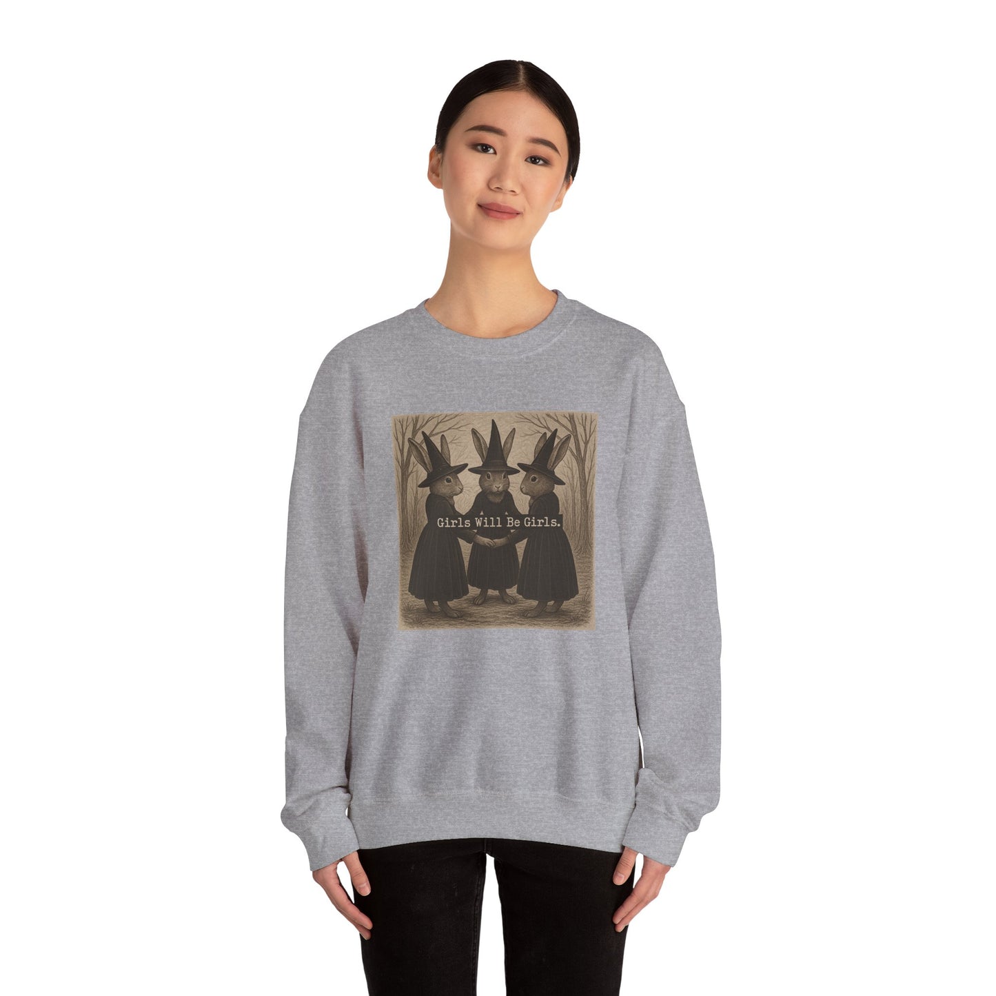 Girls Will Be Girls – Witchy Rabbit Crewneck Sweatshirt | Cozy Whimsical Rabbit Sweatshirt for Girls & Women - Halloween & Fall Collection