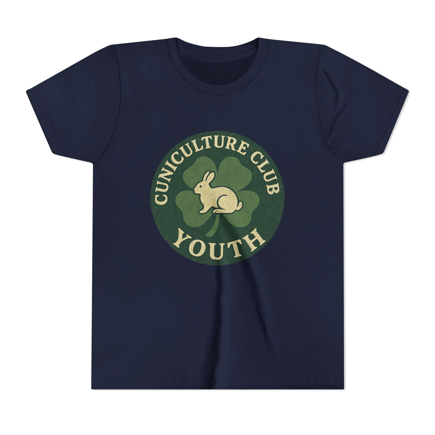 Cuniculture Club Youth Unisex T-Shirt – Distressed Clover & Bunny Emblem Tee - Fun Farm Kids Rabbit Club Shirt