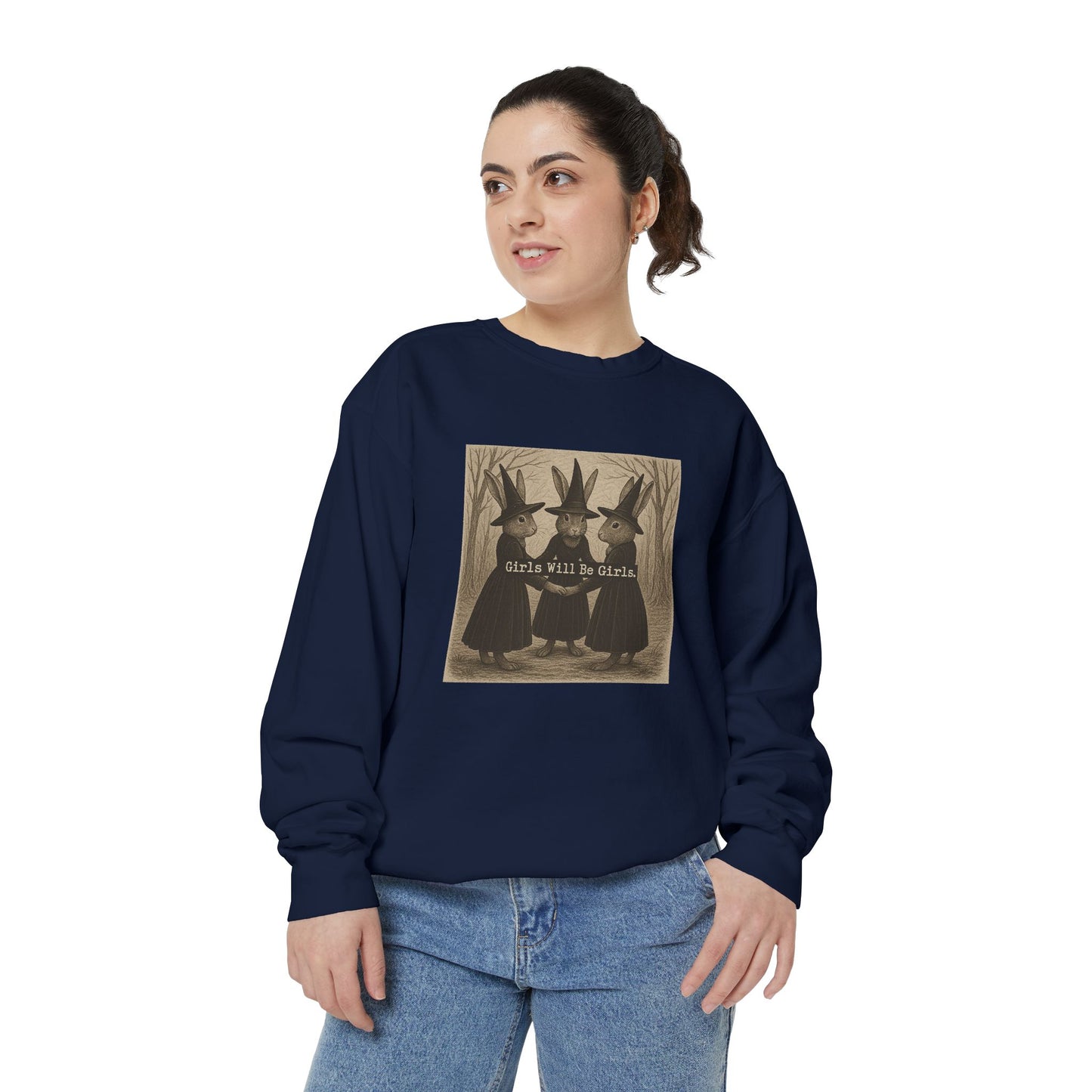 Girls Will Be Girls Rabbit Witch Circle – Garment-Dyed Bunny Sweatshirt | Halloween & Fall Collection