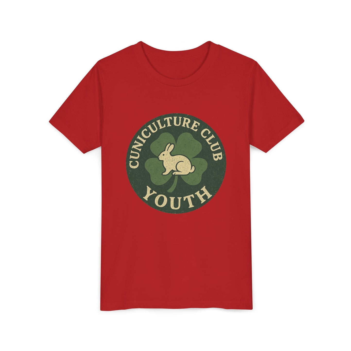 Cuniculture Club Youth Unisex T-Shirt – Distressed Clover & Bunny Emblem Tee - Fun Farm Kids Rabbit Club Shirt