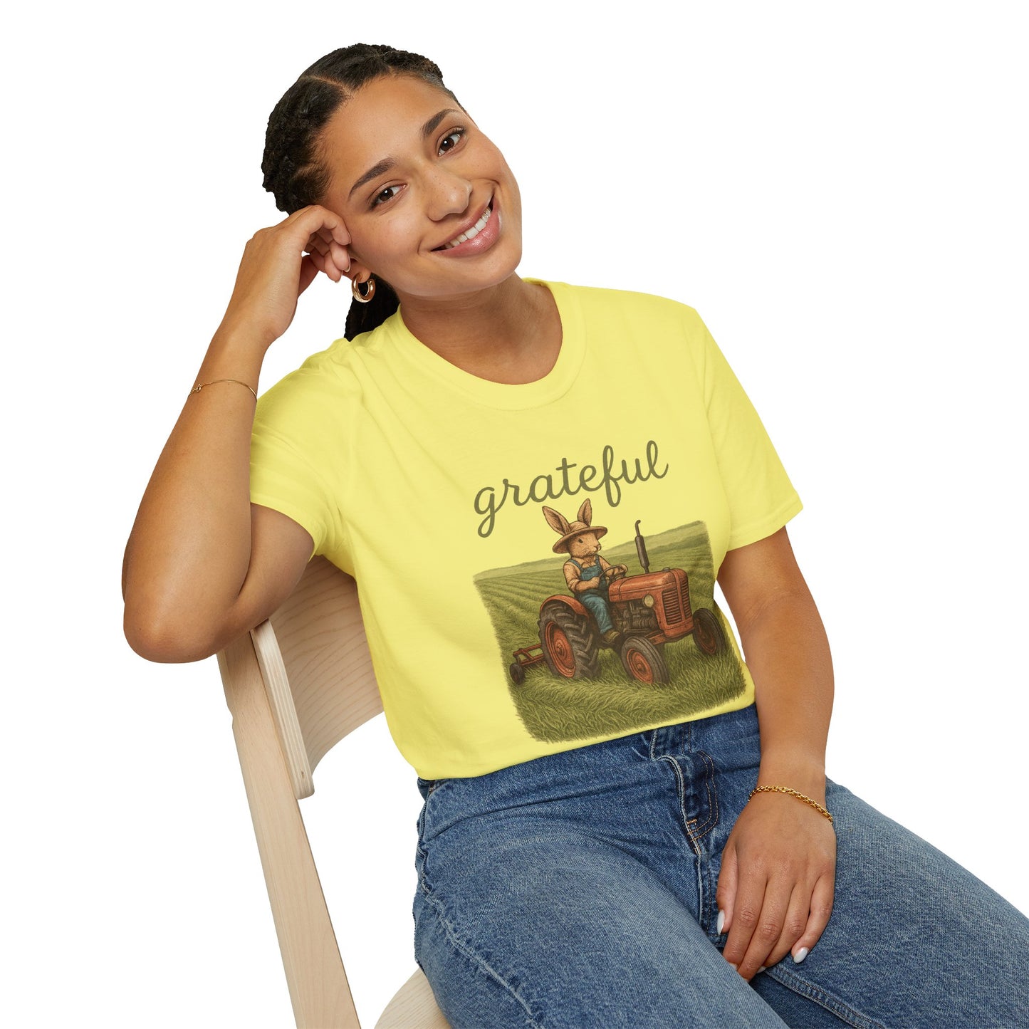 Grateful Acres Tractor Bunny Tee - Unisex Softstyle T-Shirt - Country Apparel - Farm Life Tee - Gift for Farmers & Rabbit Owners