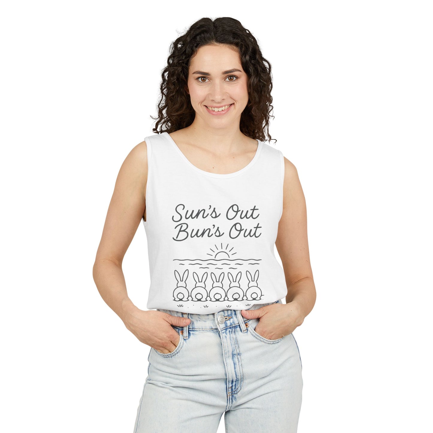 Sun's Out, Bun’s Out Tank Top – Funny Bunny Bums Summer Tee - Unisex Garment-Dyed | Beach Vibes - Vacation Apparel