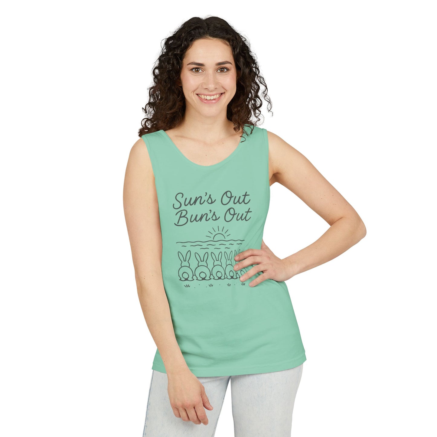Sun's Out, Bun’s Out Tank Top – Funny Bunny Bums Summer Tee - Unisex Garment-Dyed | Beach Vibes - Vacation Apparel