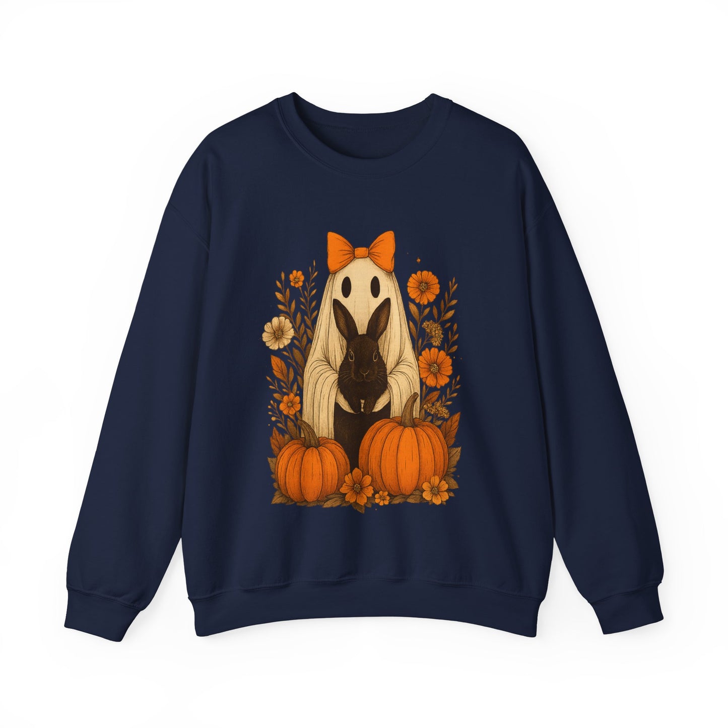 Vintage Black Rabbit with Pumpkins & Florals - Ghostly Garden Bunny Halloween Sweatshirt – Autumn Ghost Crewneck - Cozy Cute Gift