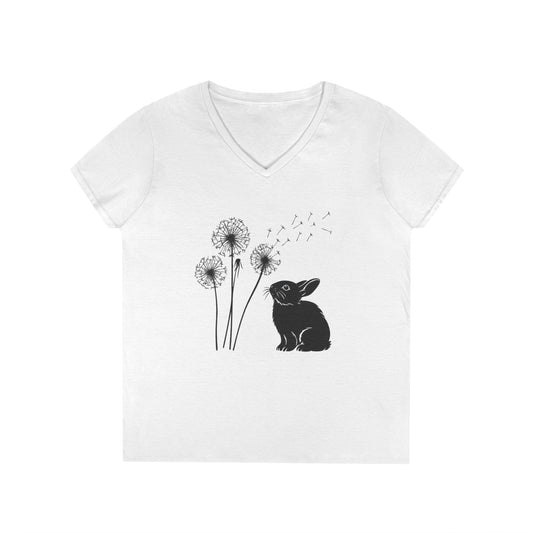 Wishful Whiskers Bunny & Dandelion V-Neck Tee – Cuniculture Club Original Whimsical Rabbit Shirt - Floral Dandelion Fashion - Nature Lover Gift