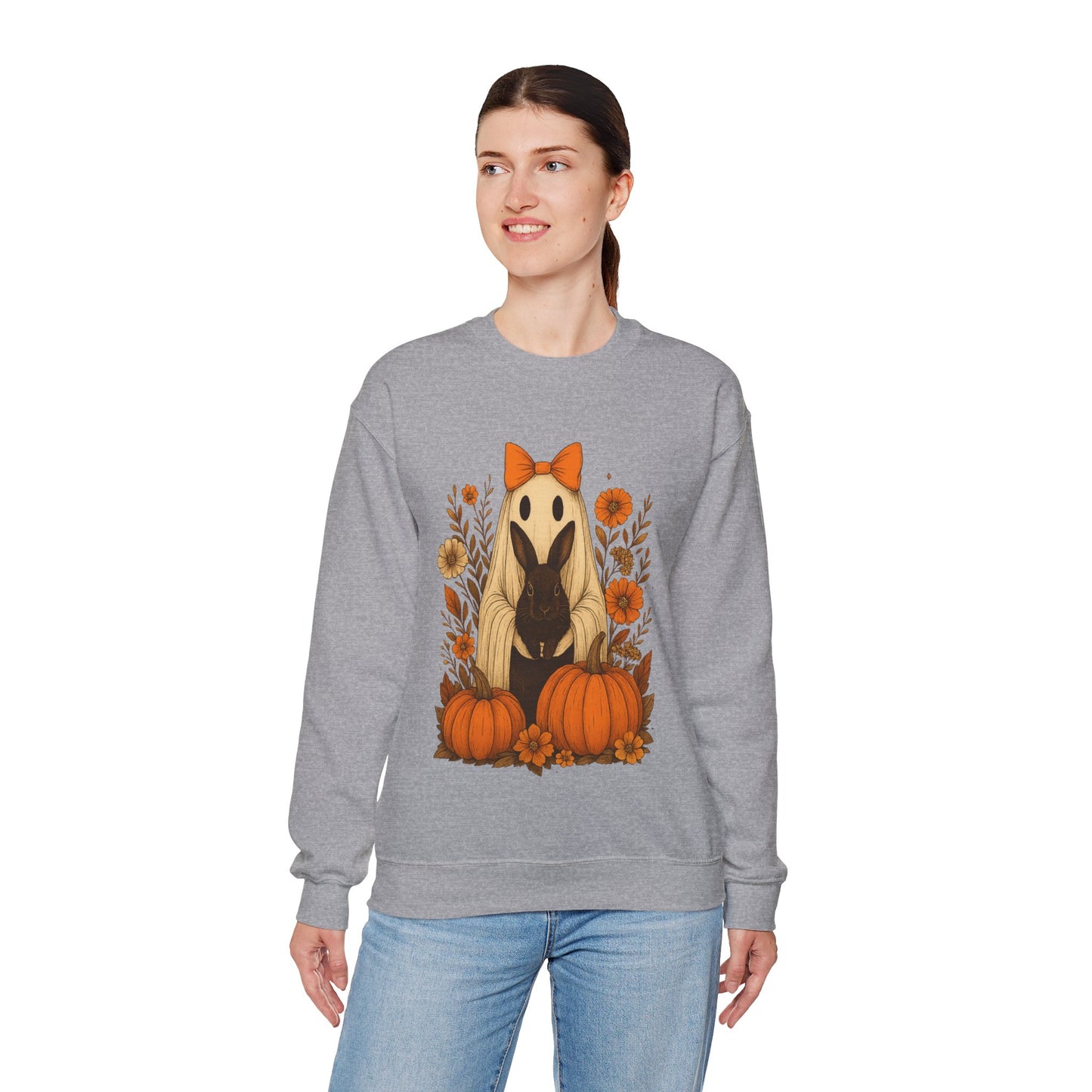 Vintage Black Rabbit with Pumpkins & Florals - Ghostly Garden Bunny Halloween Sweatshirt – Autumn Ghost Crewneck - Cozy Cute Gift