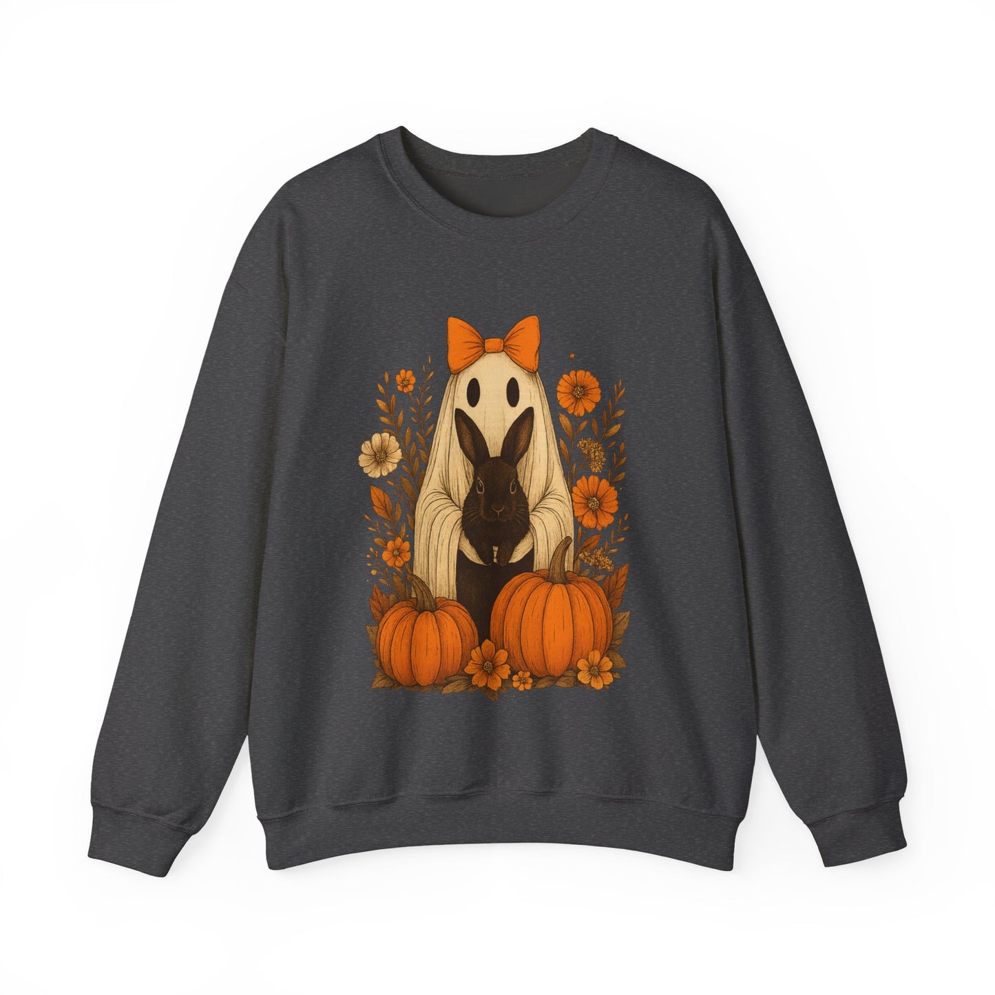Vintage Black Rabbit with Pumpkins & Florals - Ghostly Garden Bunny Halloween Sweatshirt – Autumn Ghost Crewneck - Cozy Cute Gift