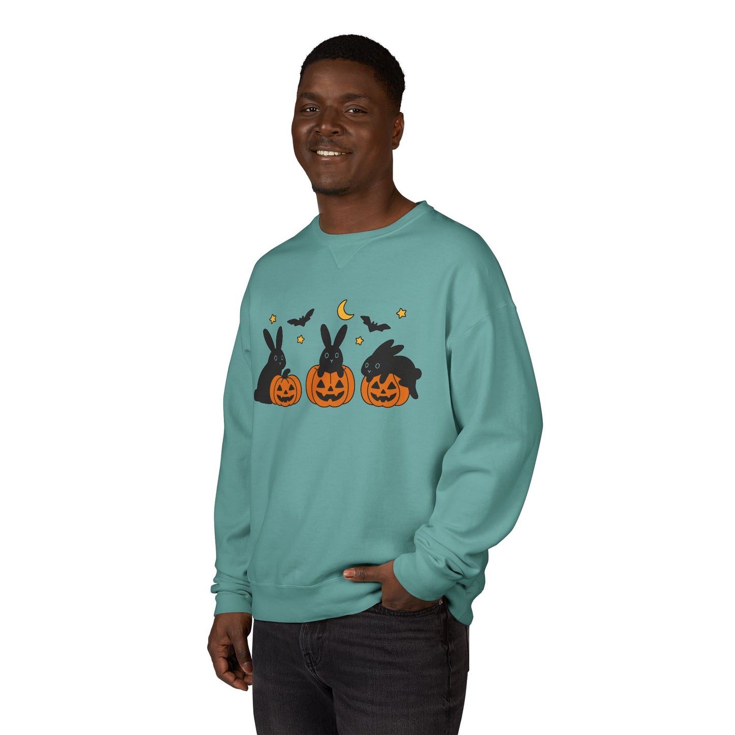 Pumpkin Patch Bunnies Halloween Sweatshirt – Rabbit & Jack-o’-Lantern Crewneck | Cozy Fall Fashion Unisex Apparel - Spooky Season Gift