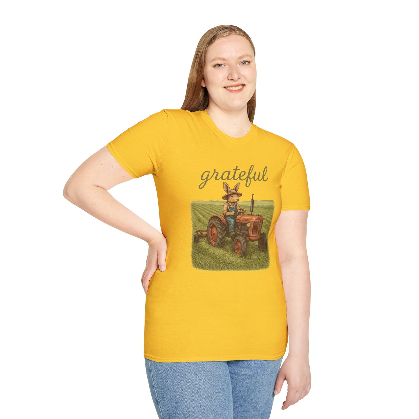 Grateful Acres Tractor Bunny Tee - Unisex Softstyle T-Shirt - Country Apparel - Farm Life Tee - Gift for Farmers & Rabbit Owners