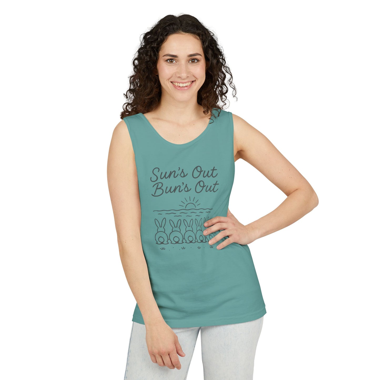 Sun's Out, Bun’s Out Tank Top – Funny Bunny Bums Summer Tee - Unisex Garment-Dyed | Beach Vibes - Vacation Apparel