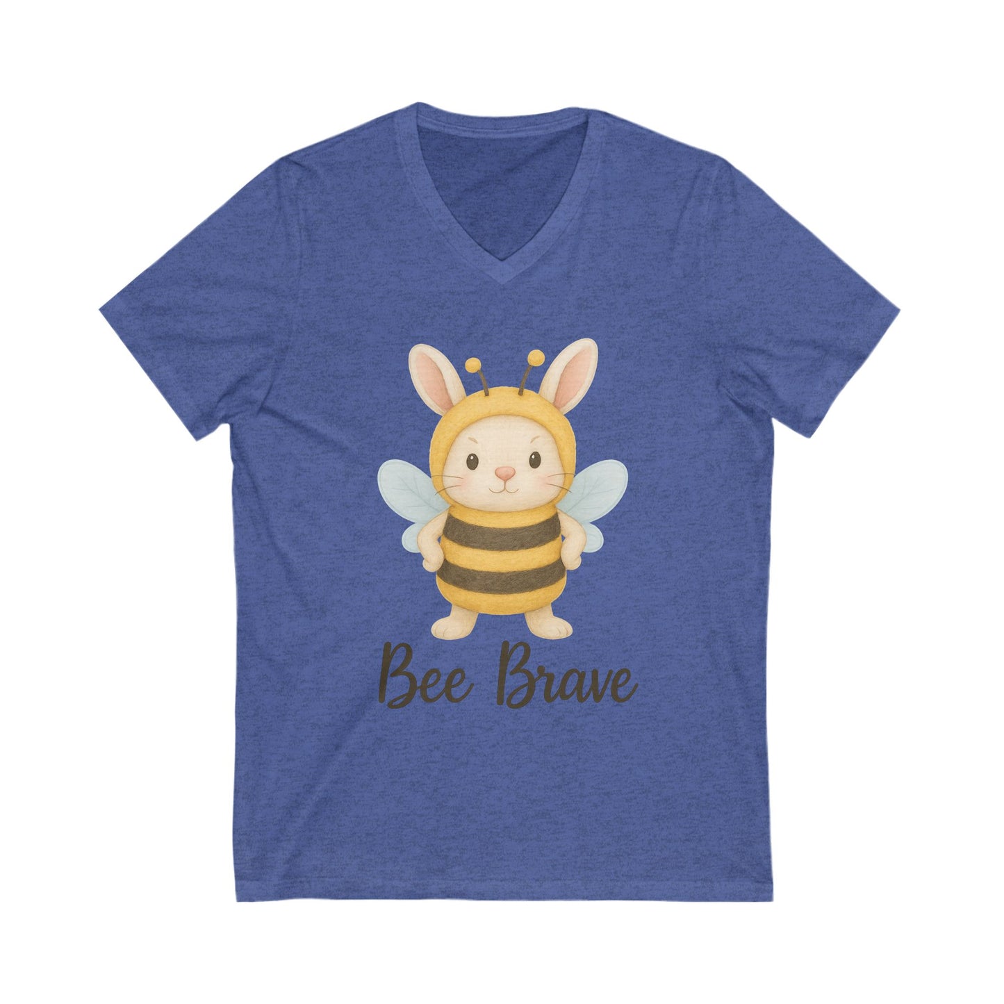 Bee Brave Bunny V-Neck T-Shirt – Strong Rabbit in Bumblebee Costume - Unisex Jersey Short Sleeve Tee