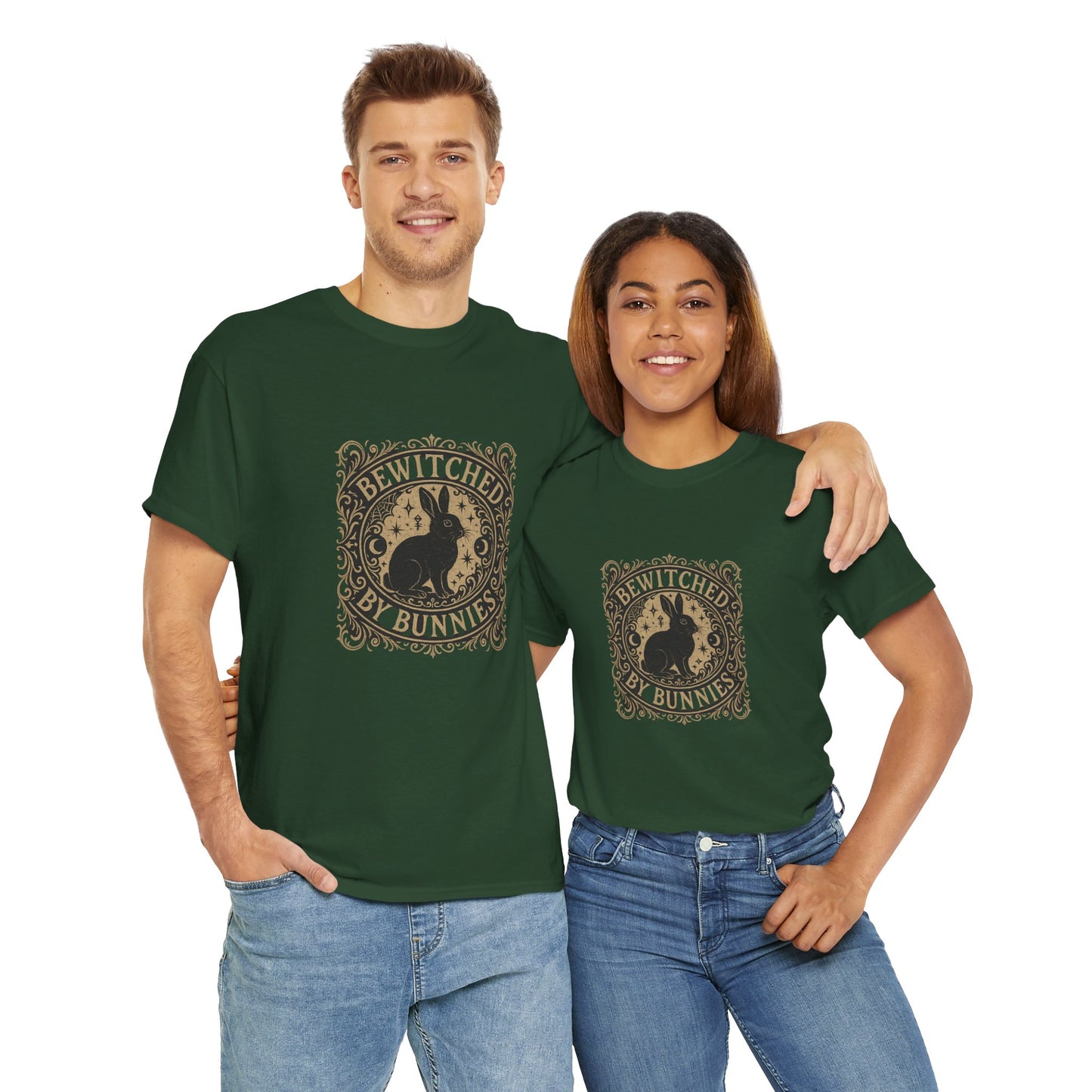 Bewitched by Bunnies Unisex Heavy Cotton T-Shirt – Enchanted Rabbit Halloween & Fall Graphic Tee | Bunny Lovers Gift