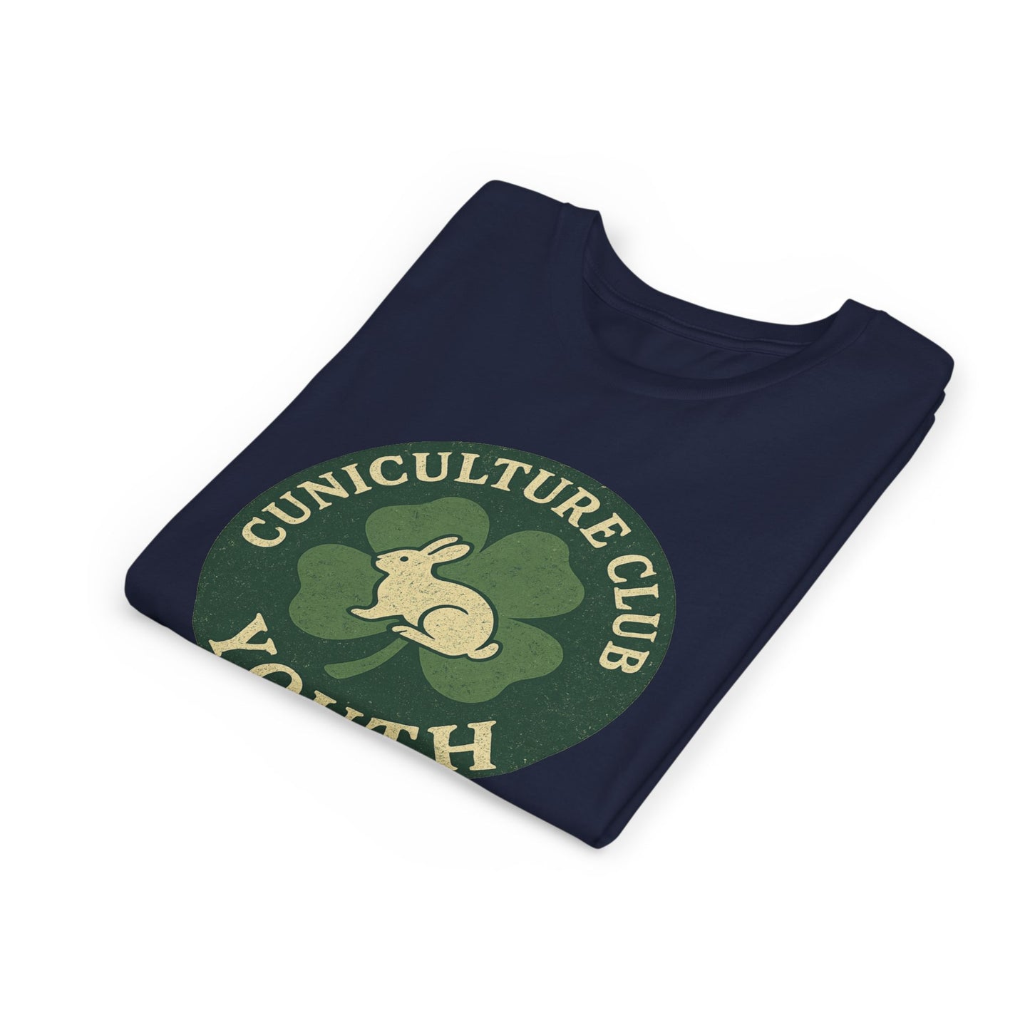 Cuniculture Club Youth Unisex T-Shirt – Distressed Clover & Bunny Emblem Tee - Fun Farm Kids Rabbit Club Shirt