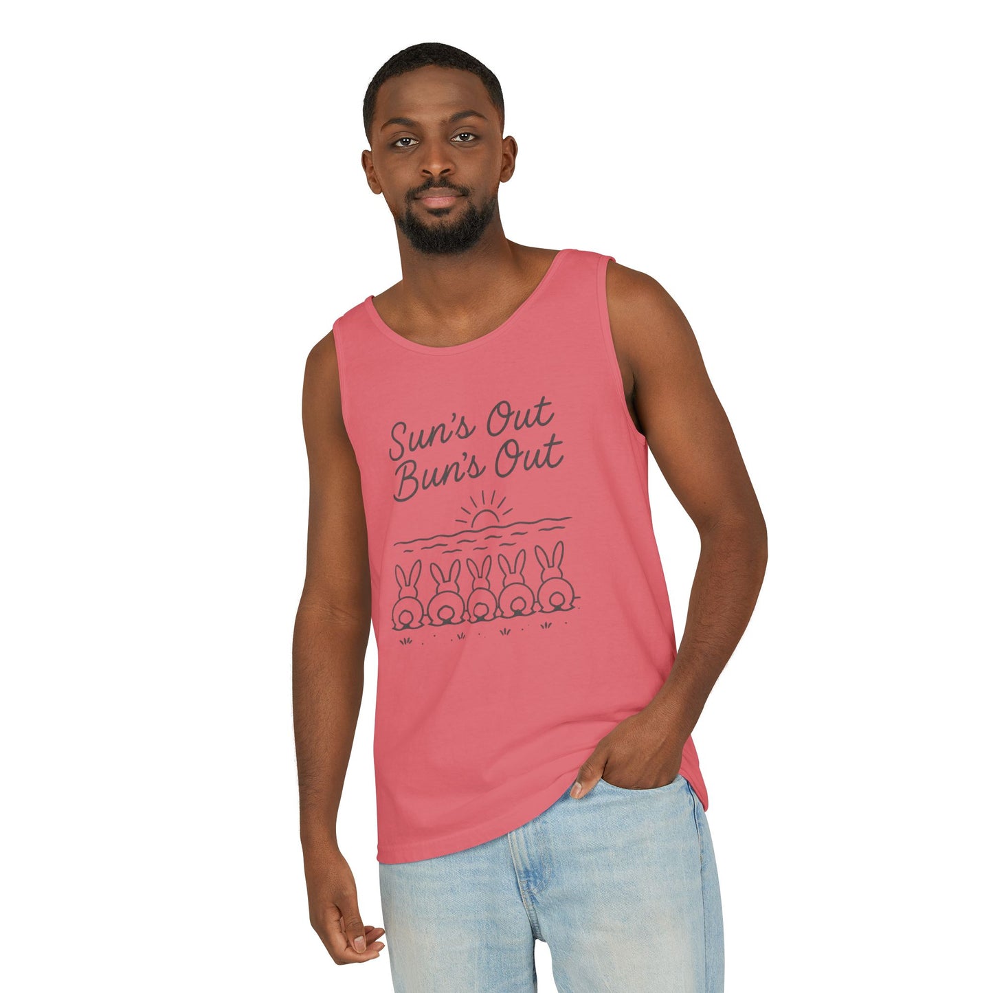 Sun's Out, Bun’s Out Tank Top – Funny Bunny Bums Summer Tee - Unisex Garment-Dyed | Beach Vibes - Vacation Apparel