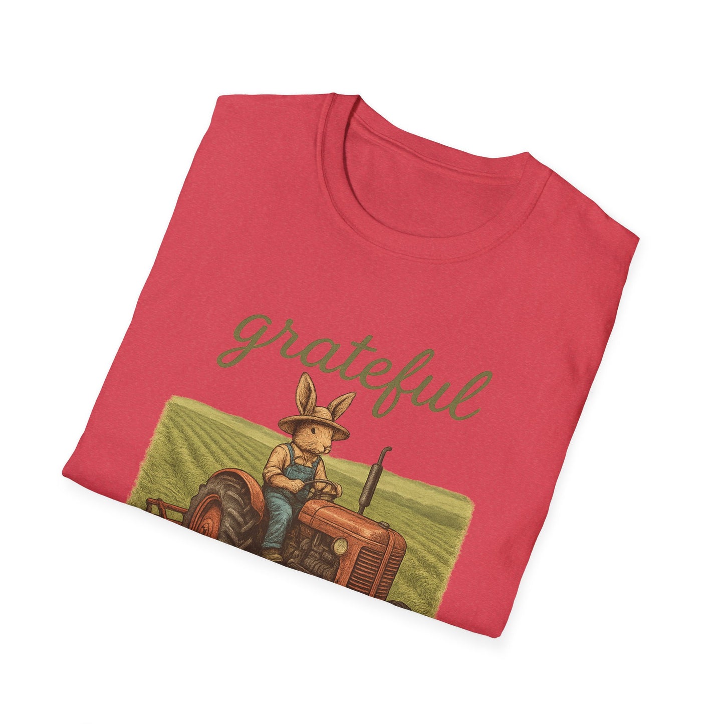 Grateful Acres Tractor Bunny Tee - Unisex Softstyle T-Shirt - Country Apparel - Farm Life Tee - Gift for Farmers & Rabbit Owners
