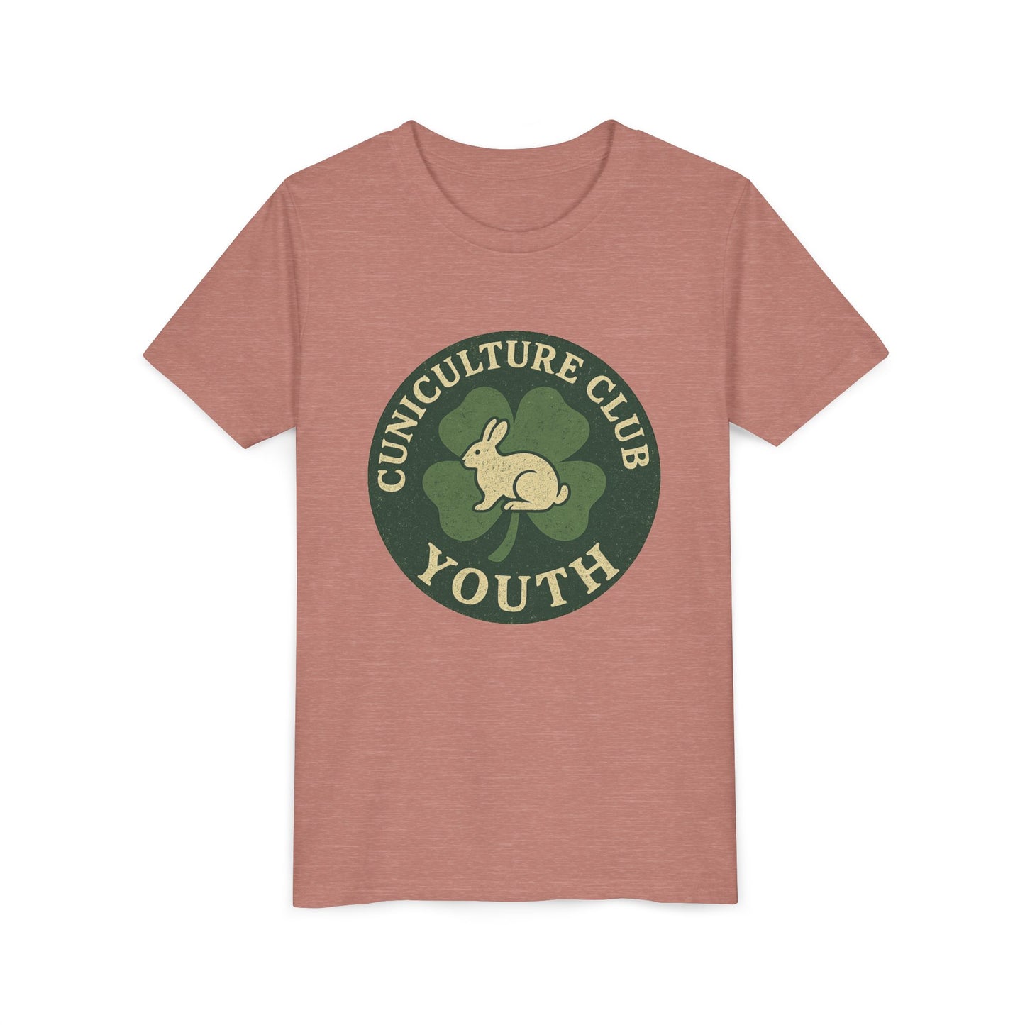 Cuniculture Club Youth Unisex T-Shirt – Distressed Clover & Bunny Emblem Tee - Fun Farm Kids Rabbit Club Shirt