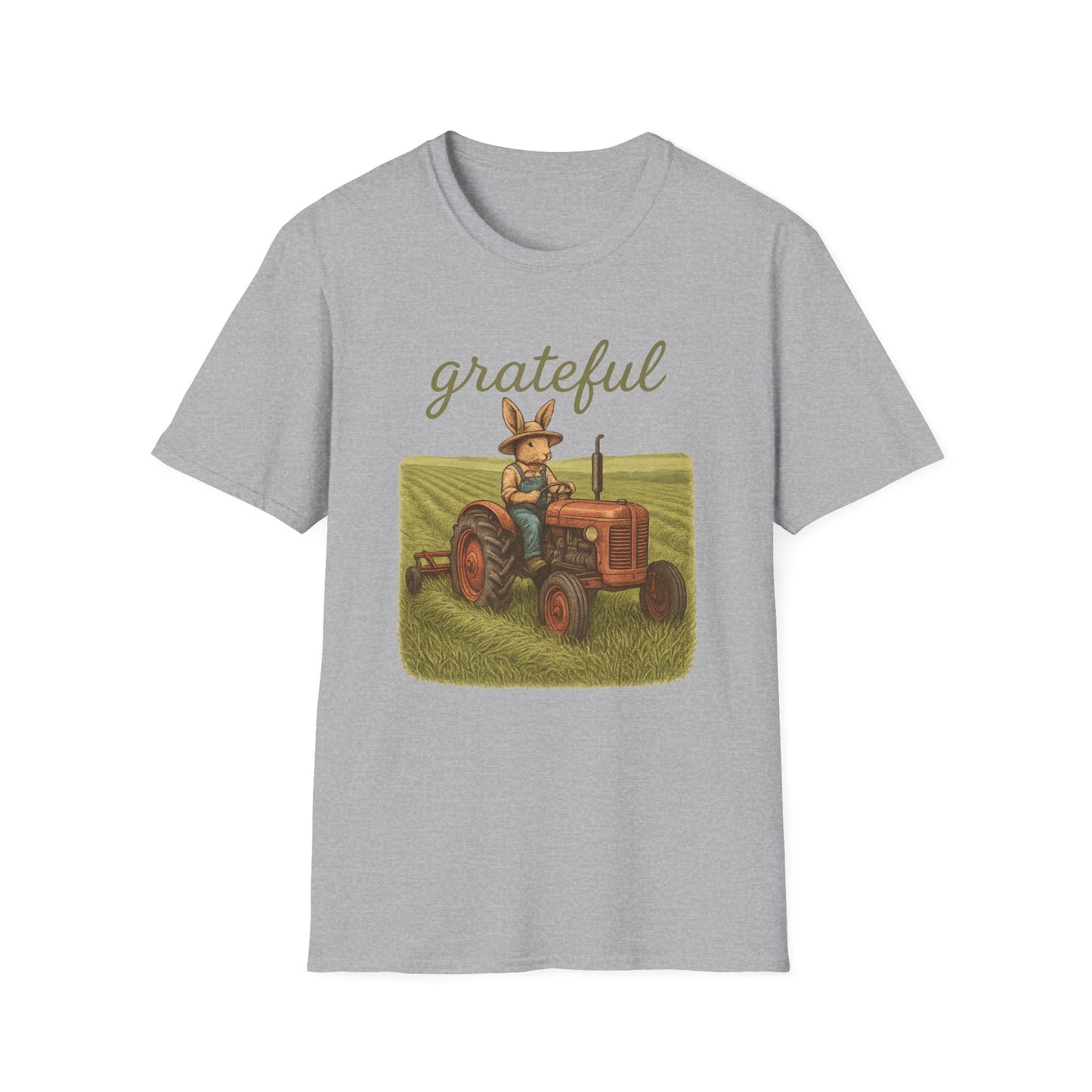 Grateful Acres Tractor Bunny Tee - Unisex Softstyle T-Shirt - Country Apparel - Farm Life Tee - Gift for Farmers & Rabbit Owners