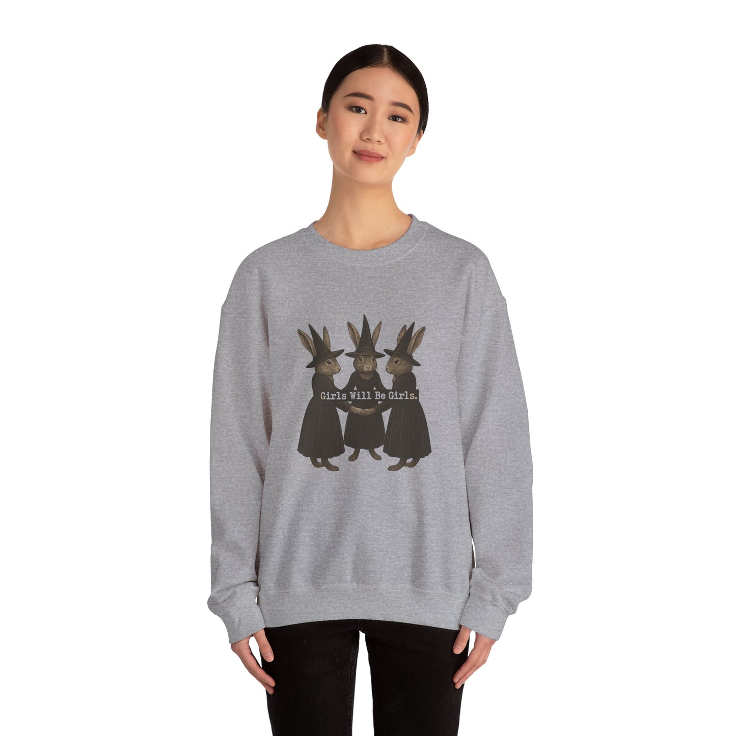 Girls Will Be Girls Witchy Rabbit Sweatshirt | Whimsical Bunny Witch Sisterhood Crewneck - Halloween & Fall Collection