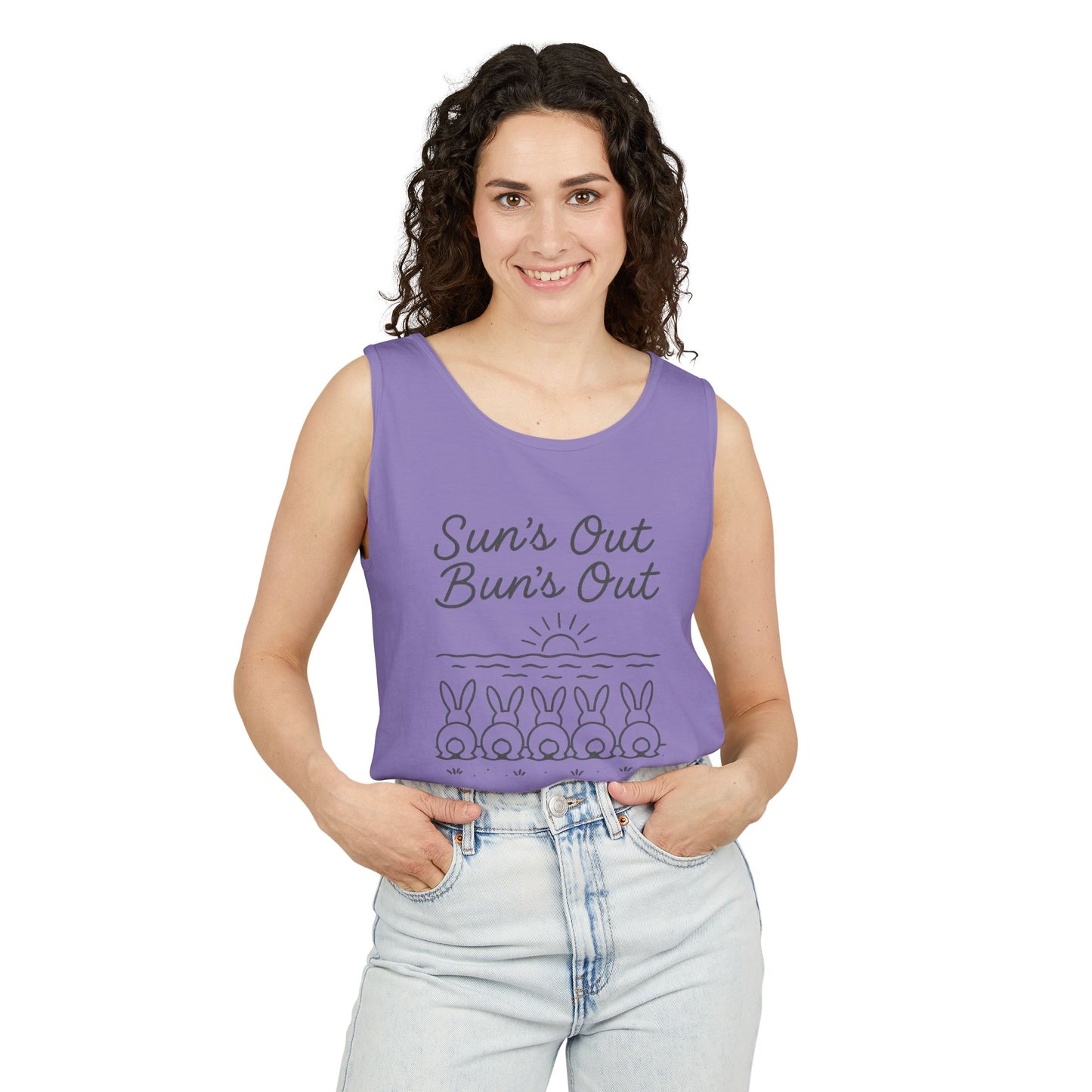 Sun's Out, Bun’s Out Tank Top – Funny Bunny Bums Summer Tee - Unisex Garment-Dyed | Beach Vibes - Vacation Apparel