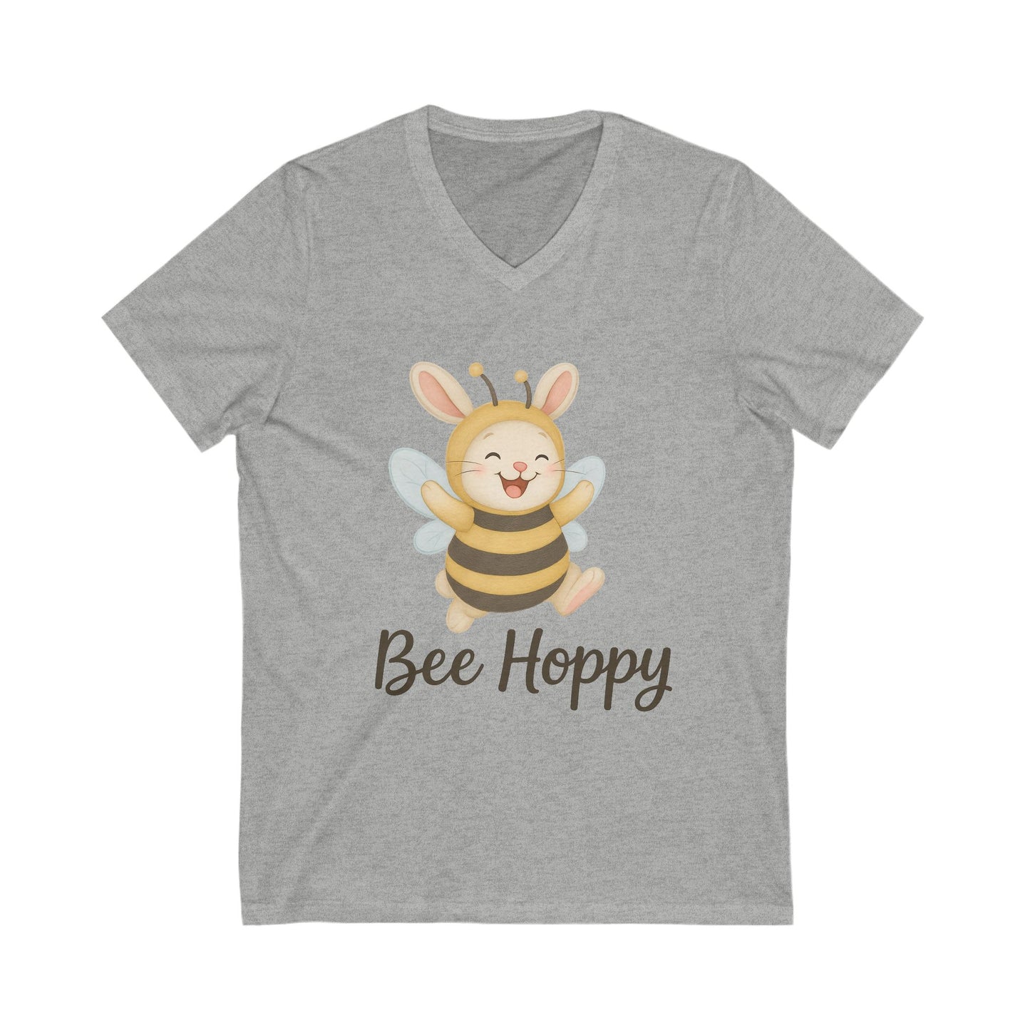 Bee Hoppy Bunny V-Neck T-Shirt – Cheerful Rabbit in Bumblebee Costume - Unisex Jersey Short Sleeve Tee