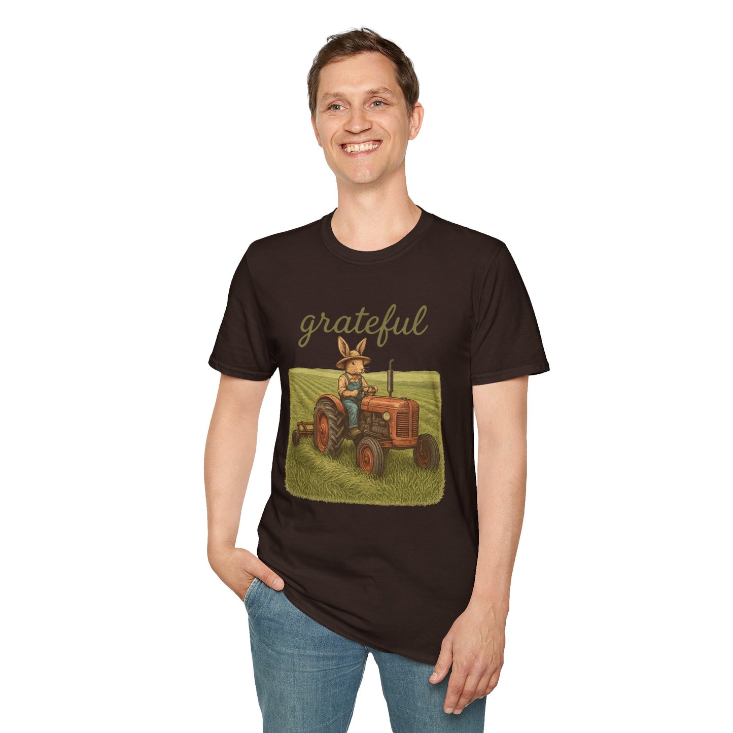 Grateful Acres Tractor Bunny Tee - Unisex Softstyle T-Shirt - Country Apparel - Farm Life Tee - Gift for Farmers & Rabbit Owners