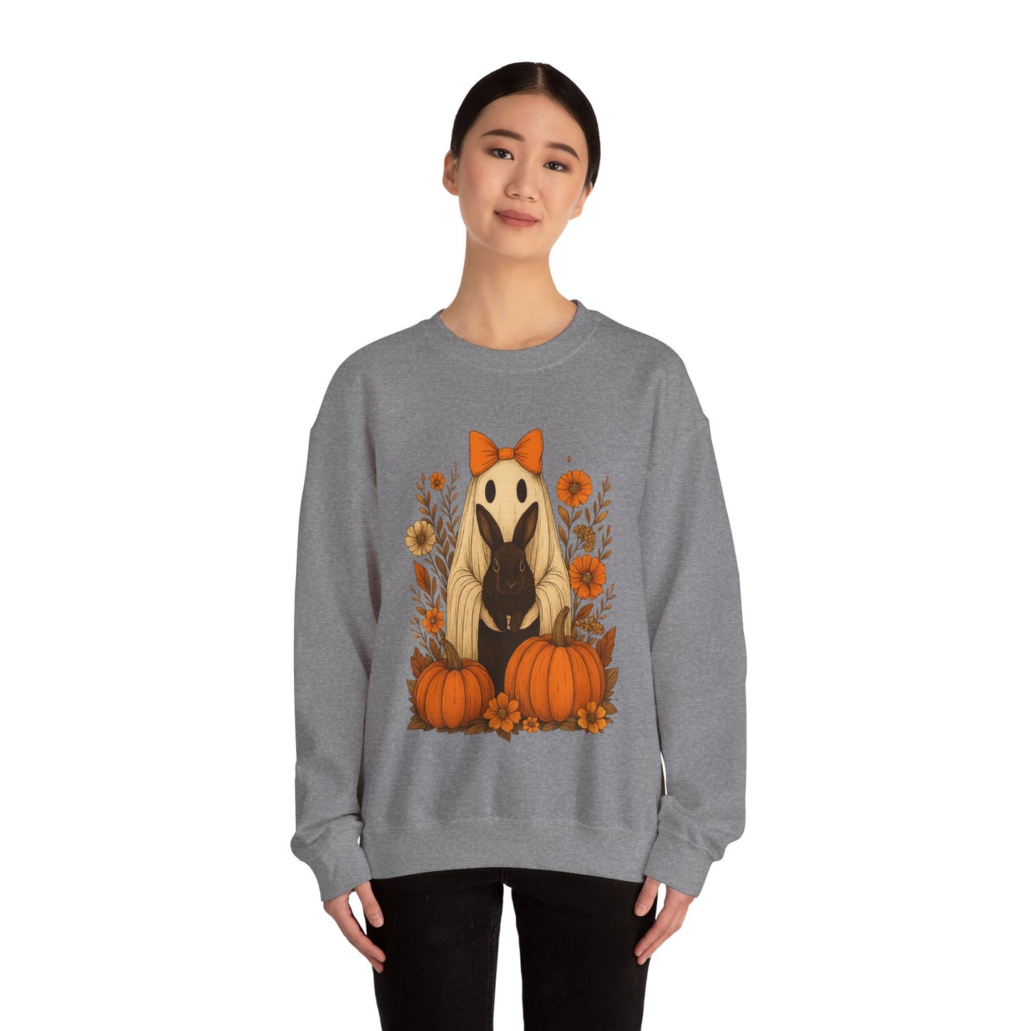 Vintage Black Rabbit with Pumpkins & Florals - Ghostly Garden Bunny Halloween Sweatshirt – Autumn Ghost Crewneck - Cozy Cute Gift
