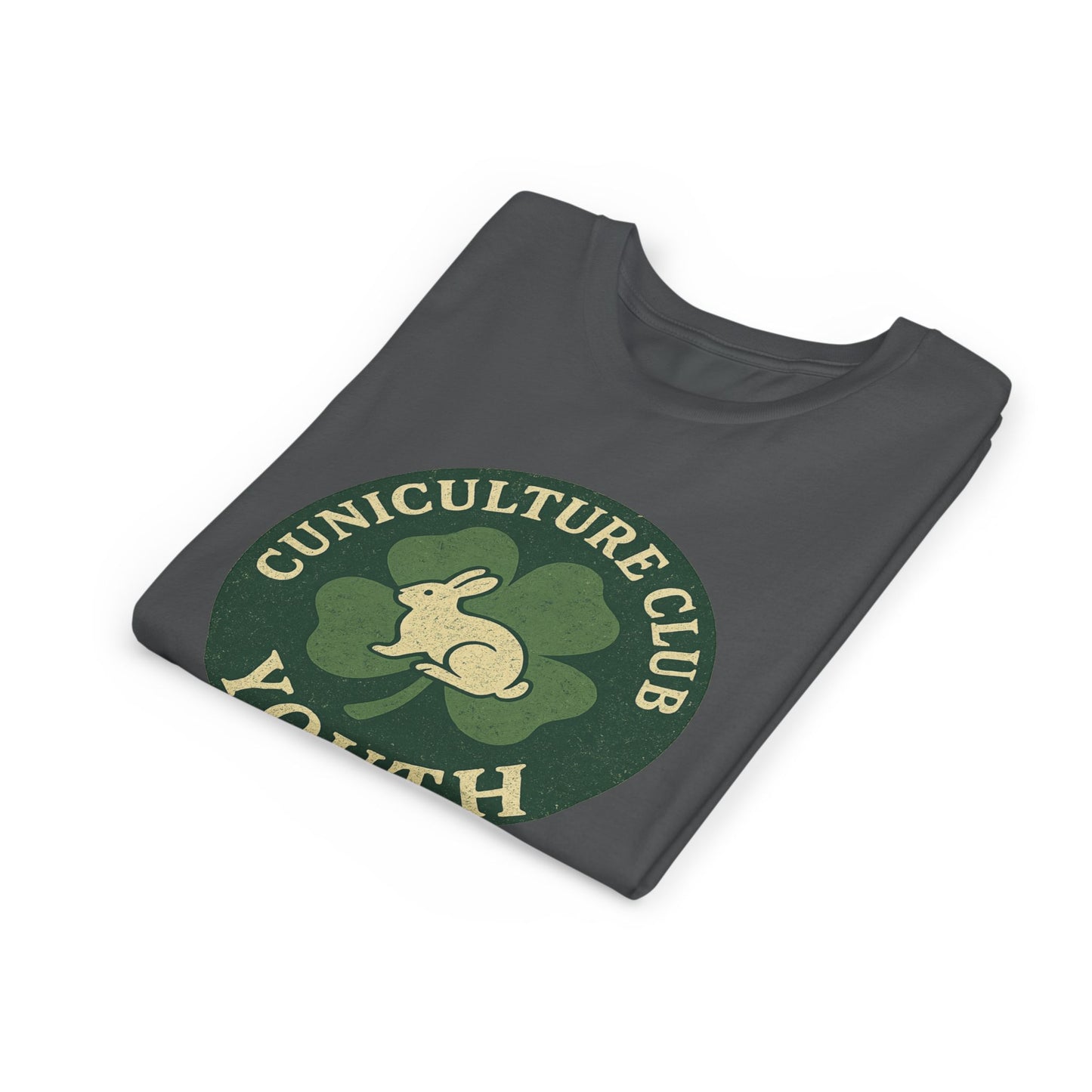 Cuniculture Club Youth Unisex T-Shirt – Distressed Clover & Bunny Emblem Tee - Fun Farm Kids Rabbit Club Shirt