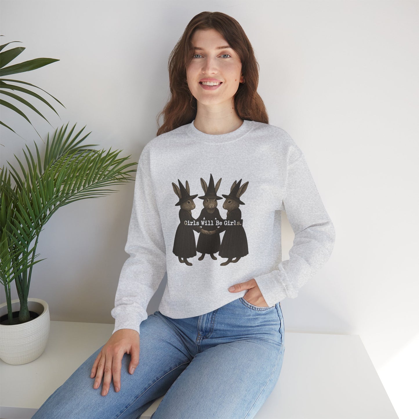 Girls Will Be Girls Witchy Rabbit Sweatshirt | Whimsical Bunny Witch Sisterhood Crewneck - Halloween & Fall Collection