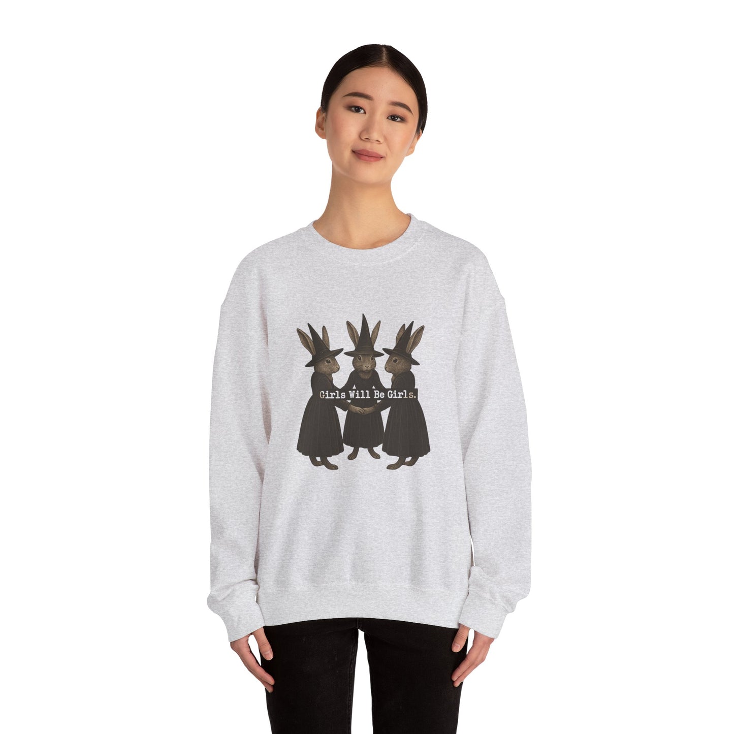 Girls Will Be Girls Witchy Rabbit Sweatshirt | Whimsical Bunny Witch Sisterhood Crewneck - Halloween & Fall Collection