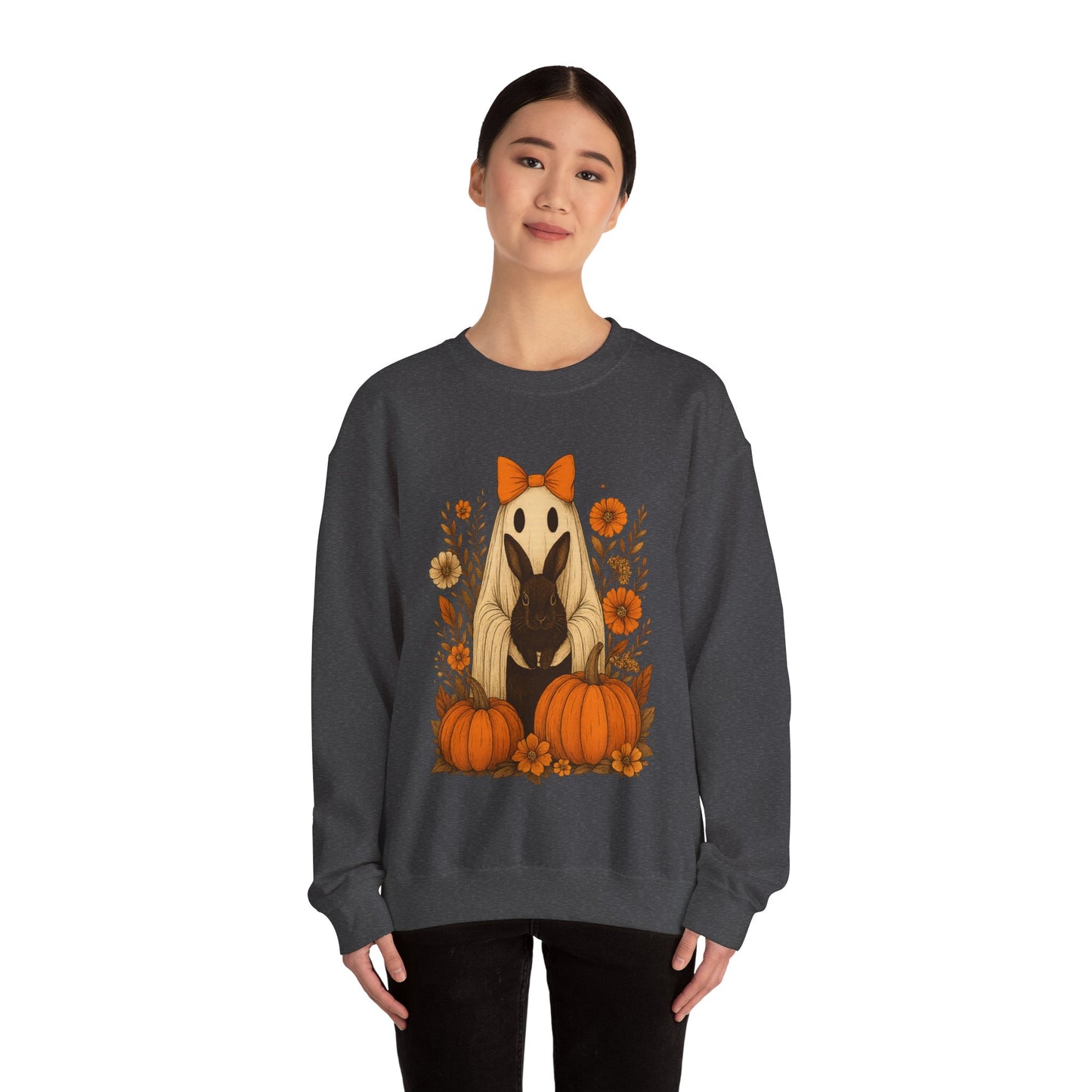 Vintage Black Rabbit with Pumpkins & Florals - Ghostly Garden Bunny Halloween Sweatshirt – Autumn Ghost Crewneck - Cozy Cute Gift