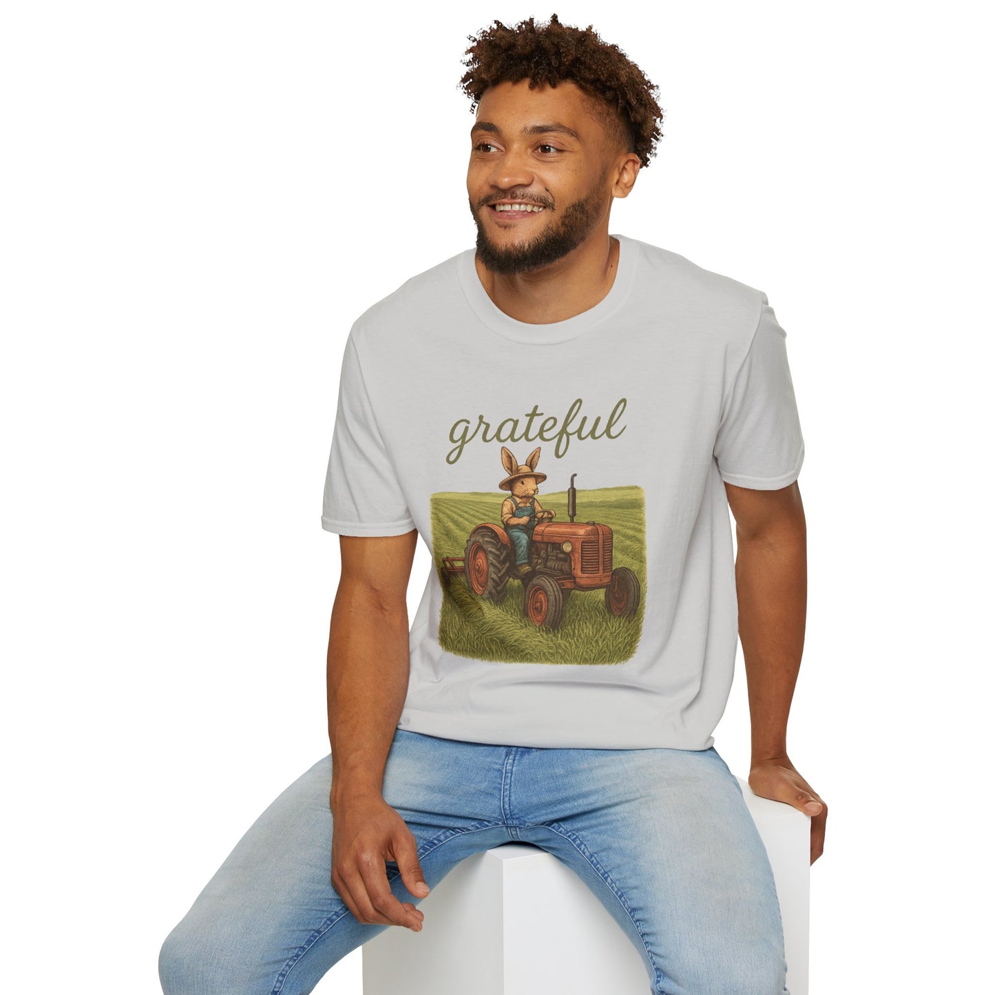 Grateful Acres Tractor Bunny Tee - Unisex Softstyle T-Shirt - Country Apparel - Farm Life Tee - Gift for Farmers & Rabbit Owners