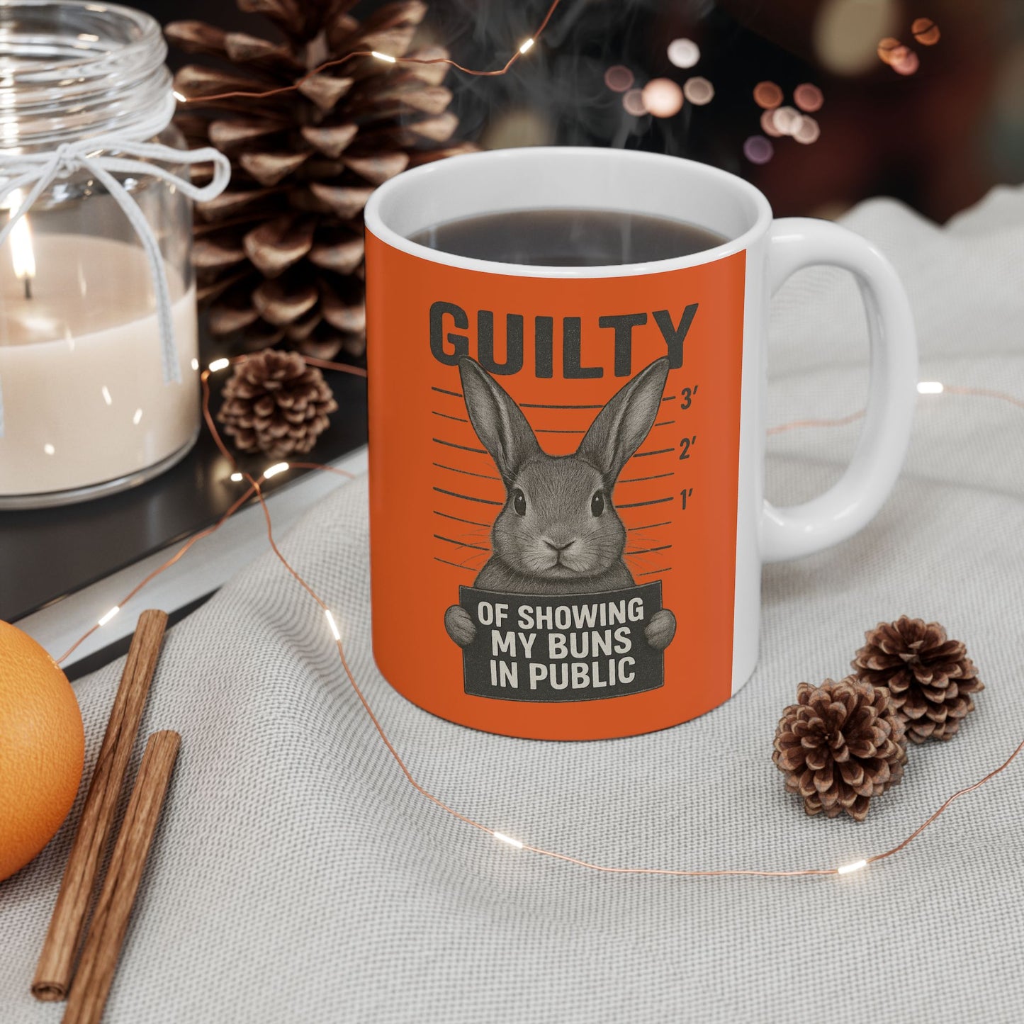 Guilty of Showing My Buns in Public with Orange Background Ceramic Mug - Gift for Coffee Lovers & Rabbit Show Exhibitors - Two Sizes: 11 oz & 15 oz