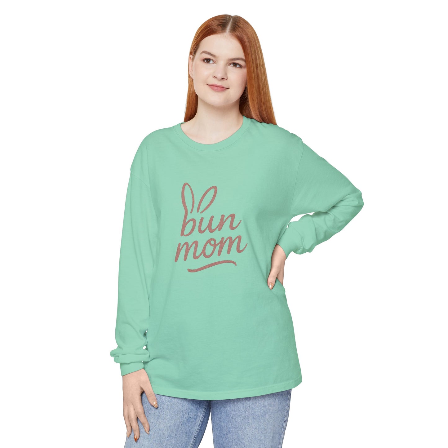 Bun Mom Long Sleeve T-Shirt | Rabbit Ears Vintage Dusty Rose Ink Script Tee - Bunny Lovers Gift Idea