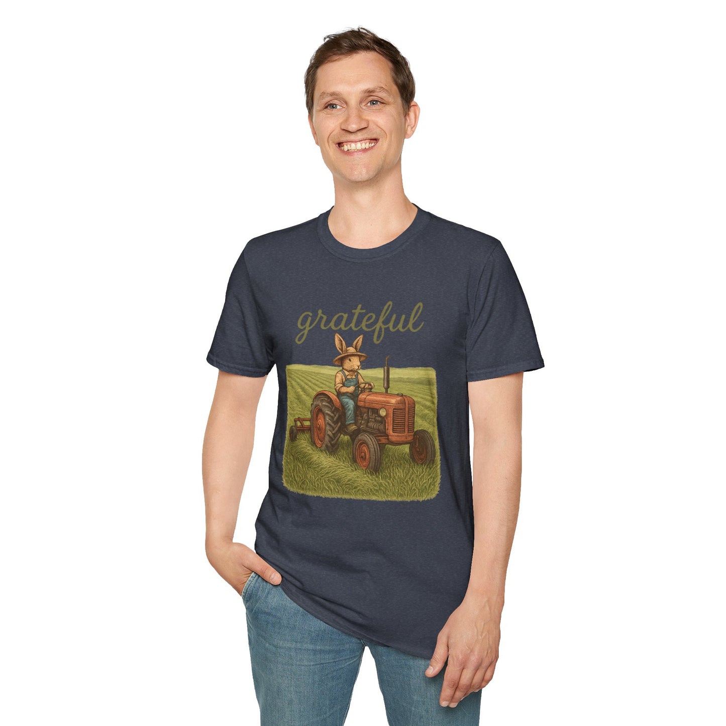 Grateful Acres Tractor Bunny Tee - Unisex Softstyle T-Shirt - Country Apparel - Farm Life Tee - Gift for Farmers & Rabbit Owners