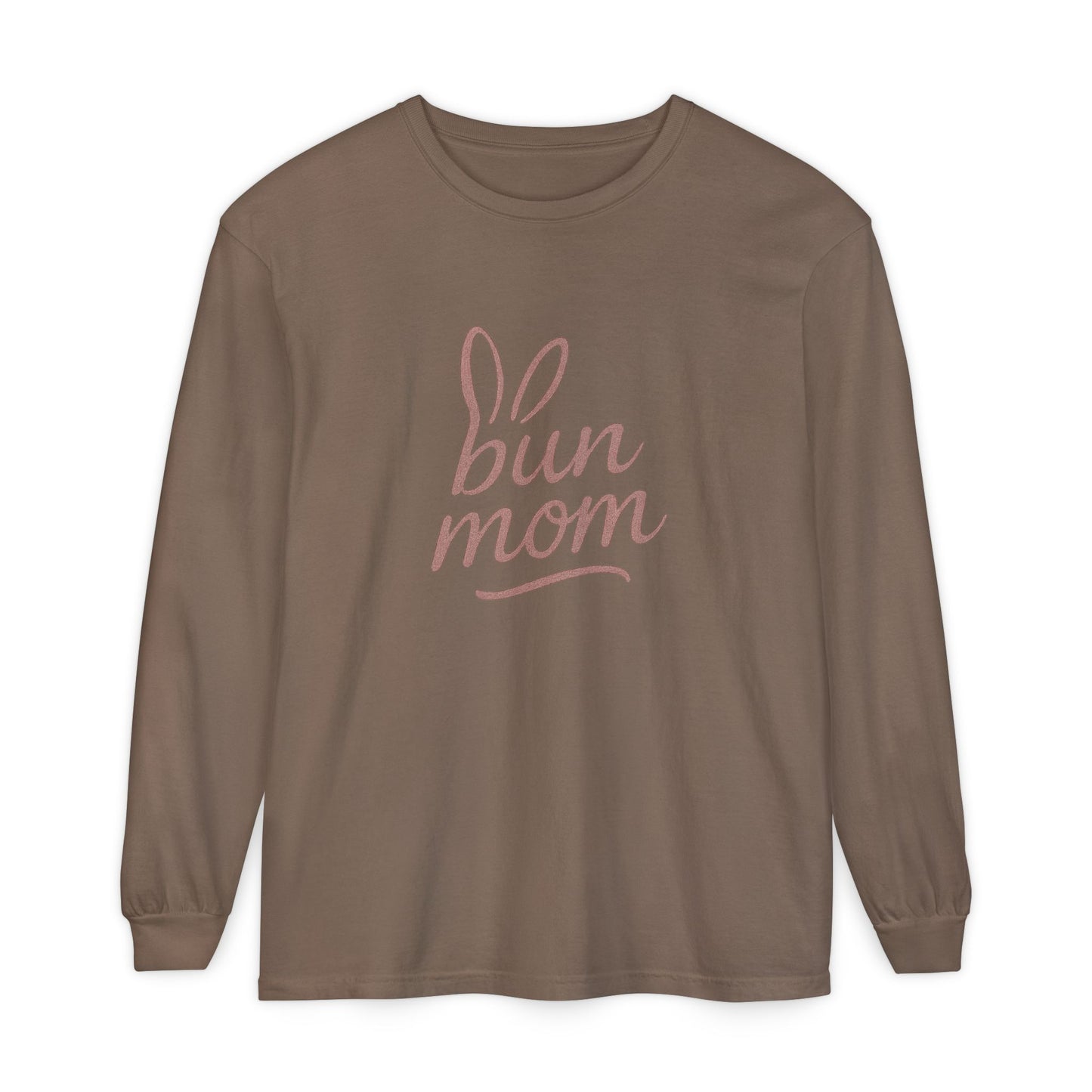 Bun Mom Long Sleeve T-Shirt | Rabbit Ears Vintage Dusty Rose Ink Script Tee - Bunny Lovers Gift Idea