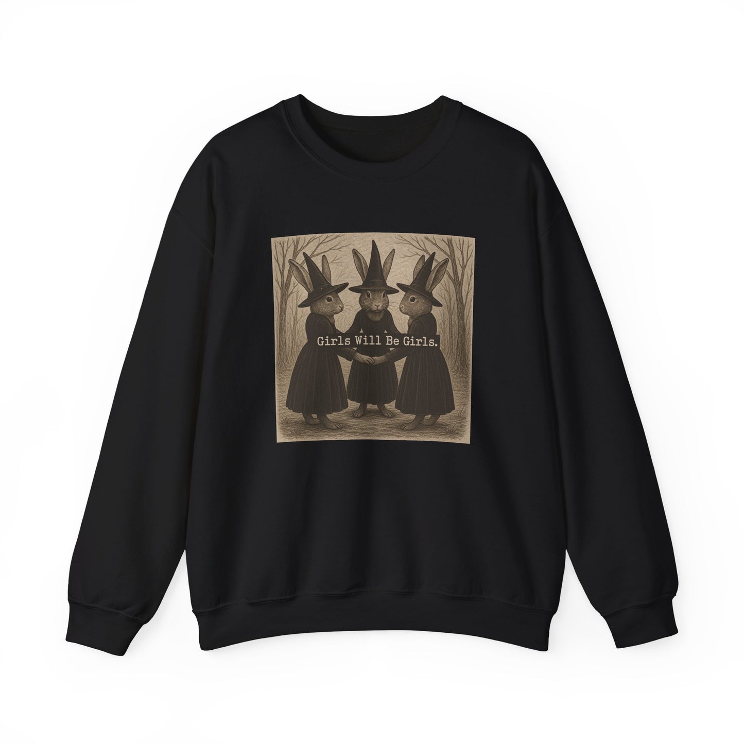Girls Will Be Girls – Witchy Rabbit Crewneck Sweatshirt | Cozy Whimsical Rabbit Sweatshirt for Girls & Women - Halloween & Fall Collection