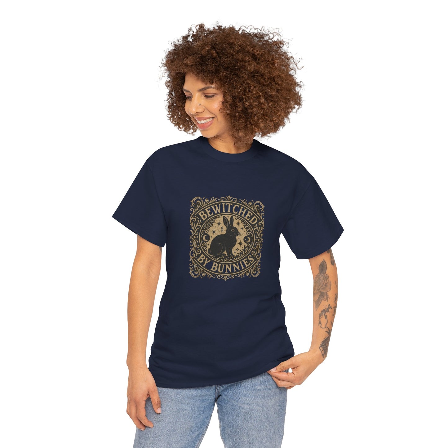 Bewitched by Bunnies Unisex Heavy Cotton T-Shirt – Enchanted Rabbit Halloween & Fall Graphic Tee | Bunny Lovers Gift