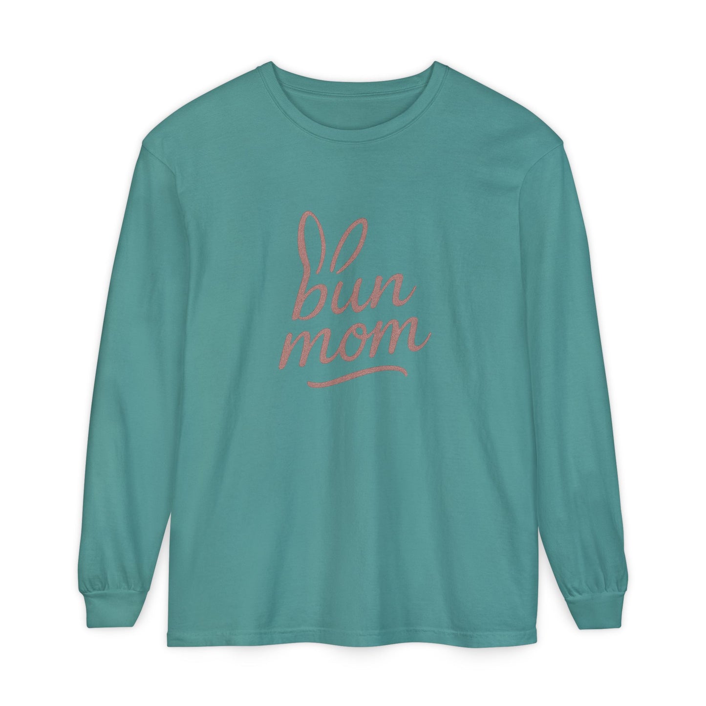 Bun Mom Long Sleeve T-Shirt | Rabbit Ears Vintage Dusty Rose Ink Script Tee - Bunny Lovers Gift Idea