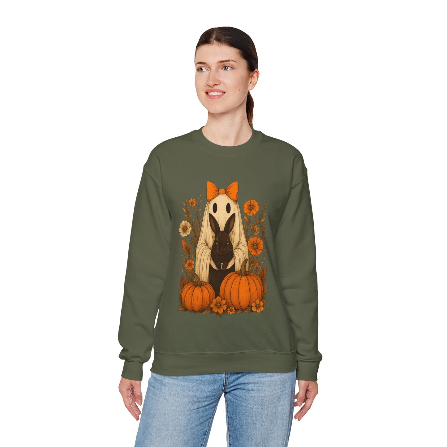 Vintage Black Rabbit with Pumpkins & Florals - Ghostly Garden Bunny Halloween Sweatshirt – Autumn Ghost Crewneck - Cozy Cute Gift