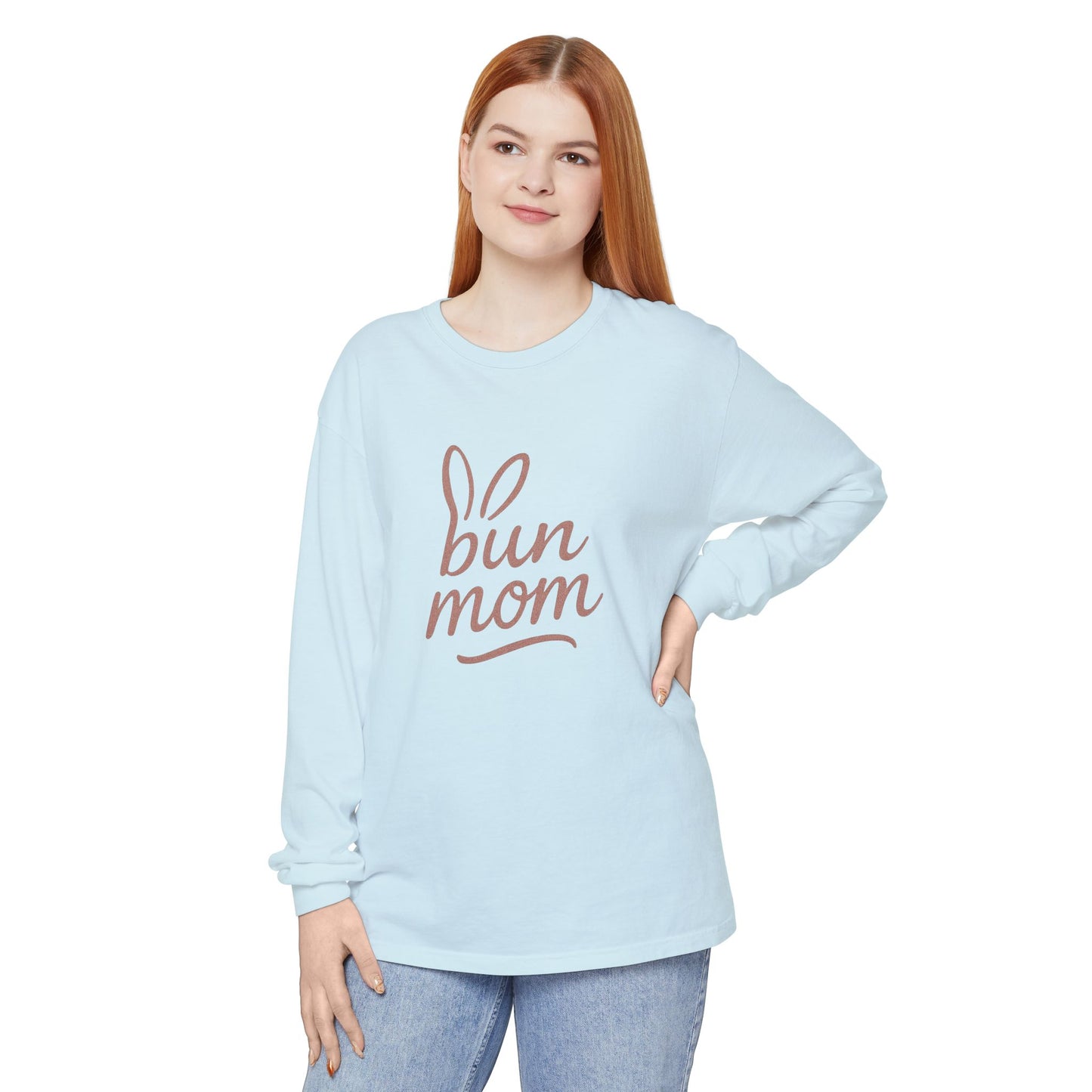 Bun Mom Long Sleeve T-Shirt | Rabbit Ears Vintage Dusty Rose Ink Script Tee - Bunny Lovers Gift Idea