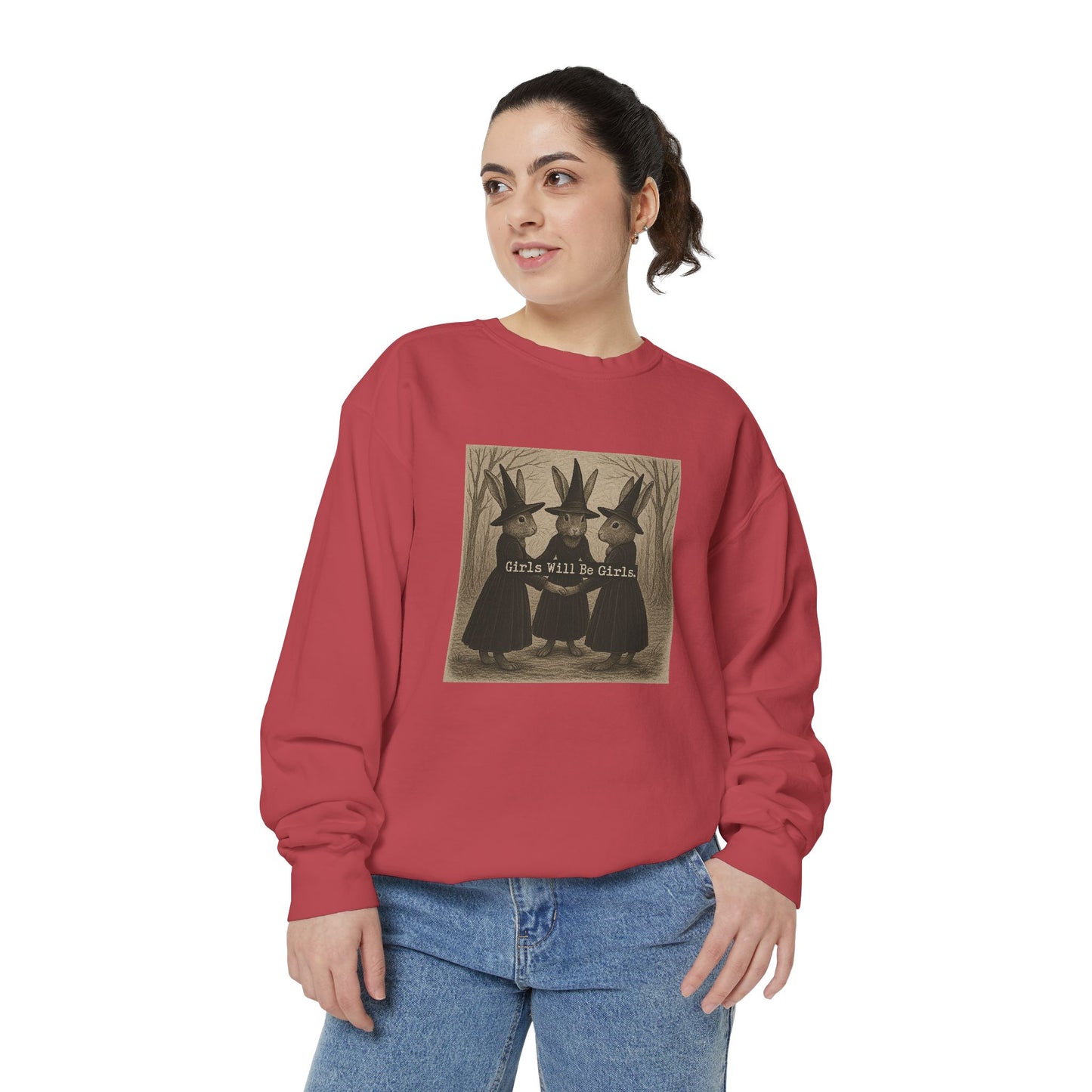 Girls Will Be Girls Rabbit Witch Circle – Garment-Dyed Bunny Sweatshirt | Halloween & Fall Collection