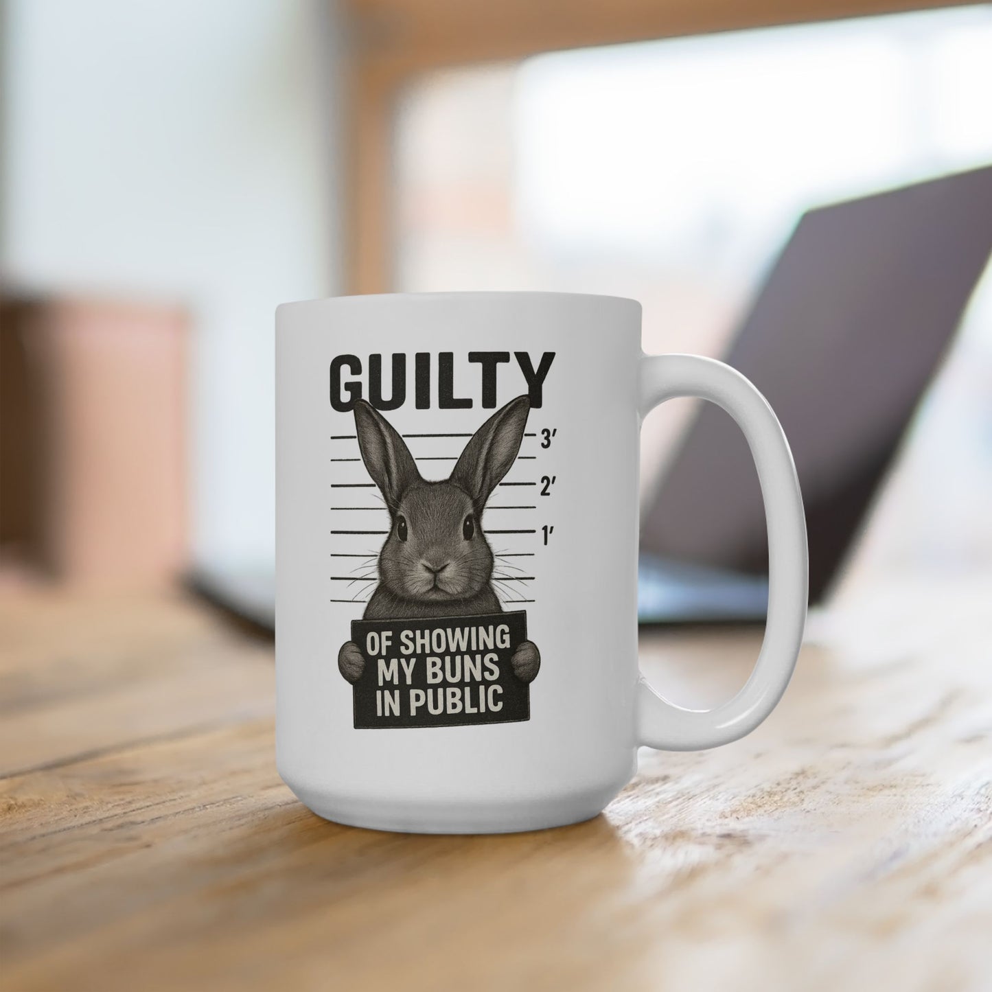 Guilty of Showing My Buns in Public with White Background Ceramic Mug - Gift for Coffee Lovers & Rabbit Show Exhibitors - Two Sizes: 11 oz & 15 oz