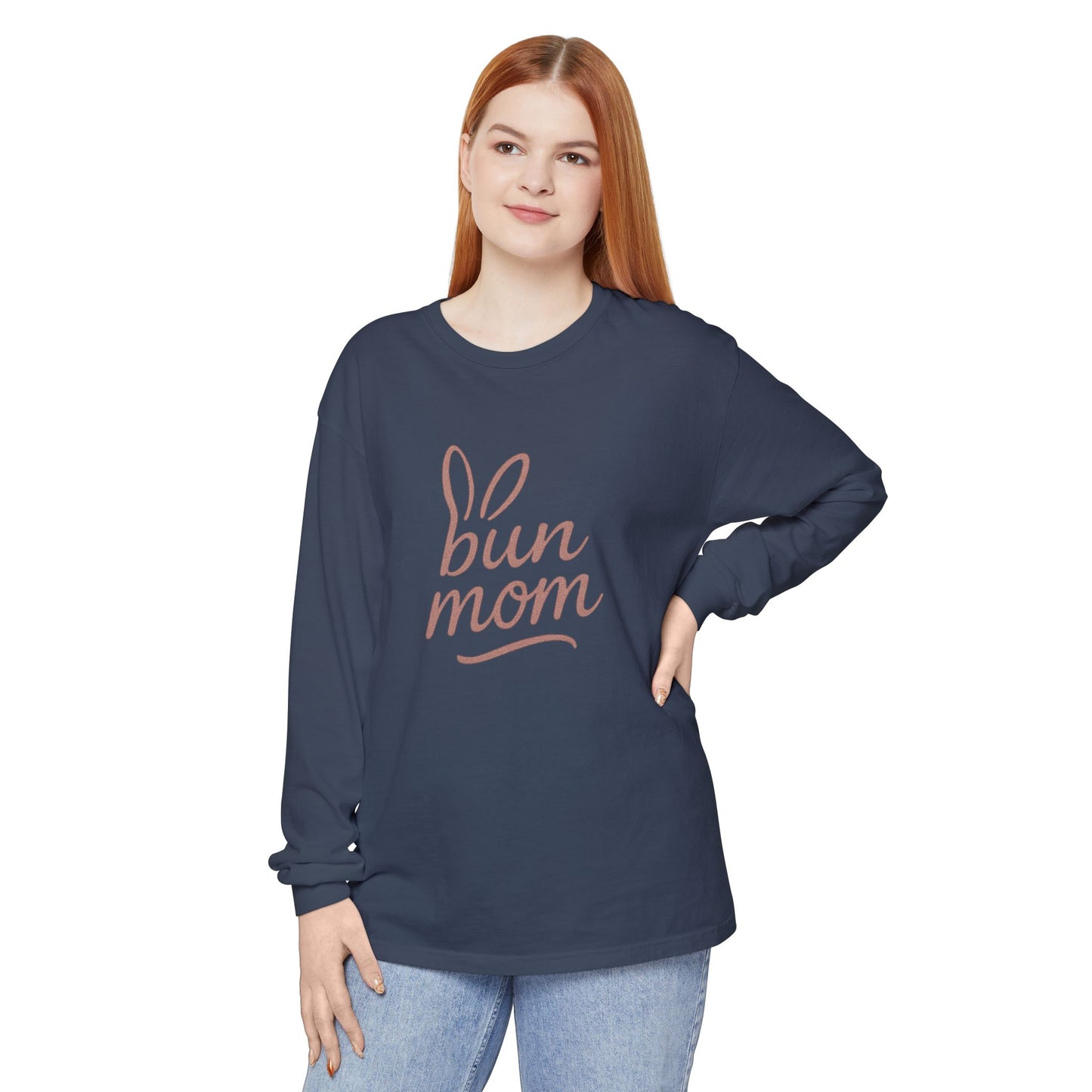 Bun Mom Long Sleeve T-Shirt | Rabbit Ears Vintage Dusty Rose Ink Script Tee - Bunny Lovers Gift Idea