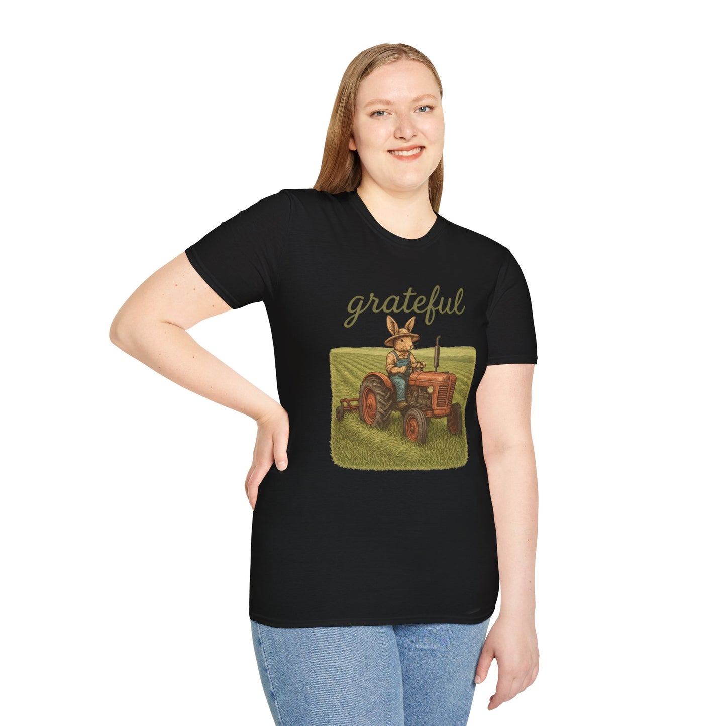 Grateful Acres Tractor Bunny Tee - Unisex Softstyle T-Shirt - Country Apparel - Farm Life Tee - Gift for Farmers & Rabbit Owners