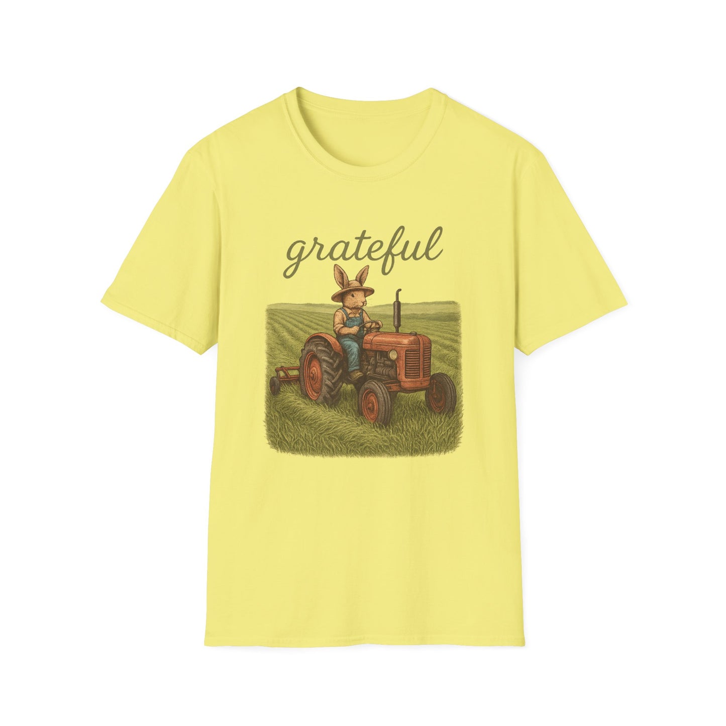 Grateful Acres Tractor Bunny Tee - Unisex Softstyle T-Shirt - Country Apparel - Farm Life Tee - Gift for Farmers & Rabbit Owners
