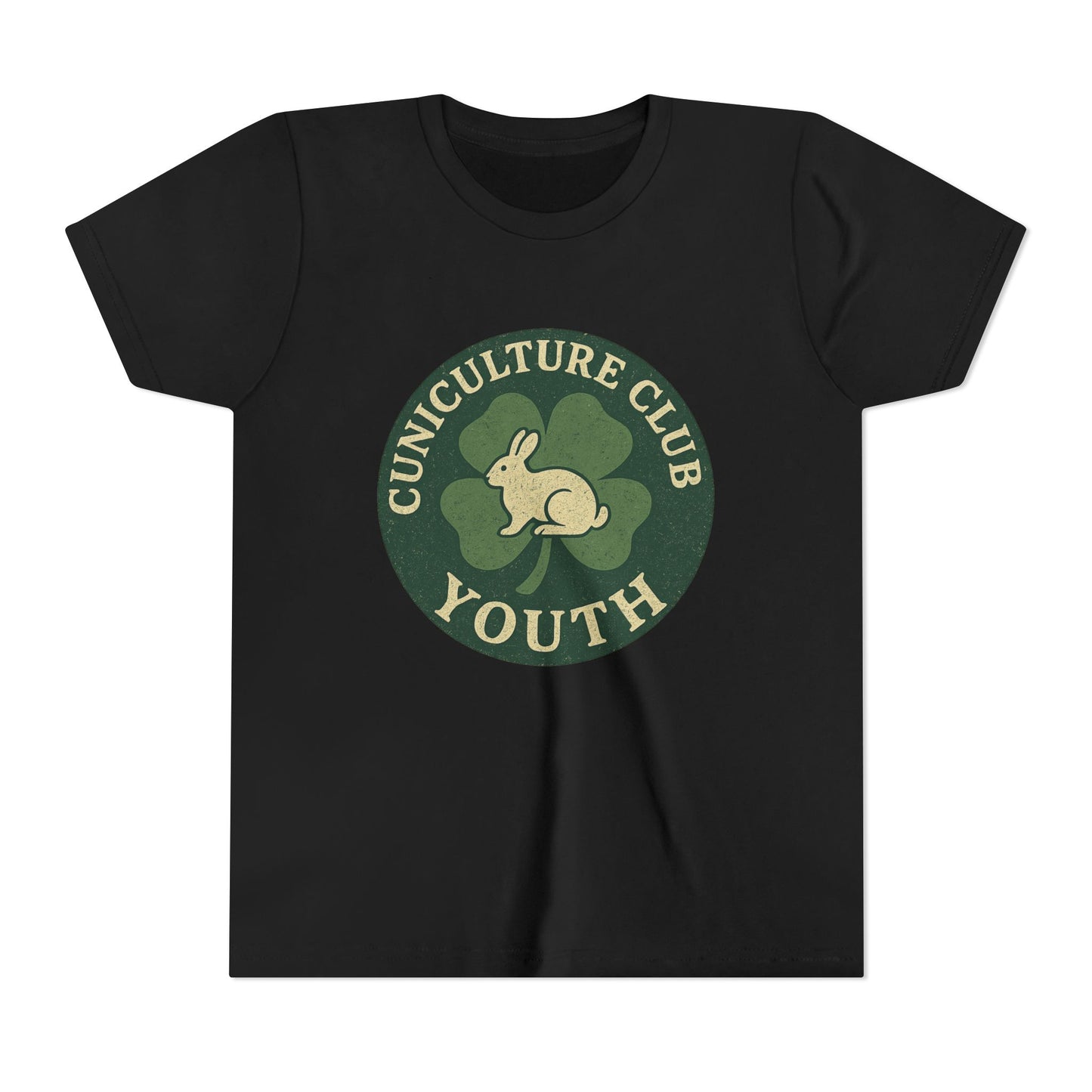 Cuniculture Club Youth Unisex T-Shirt – Distressed Clover & Bunny Emblem Tee - Fun Farm Kids Rabbit Club Shirt