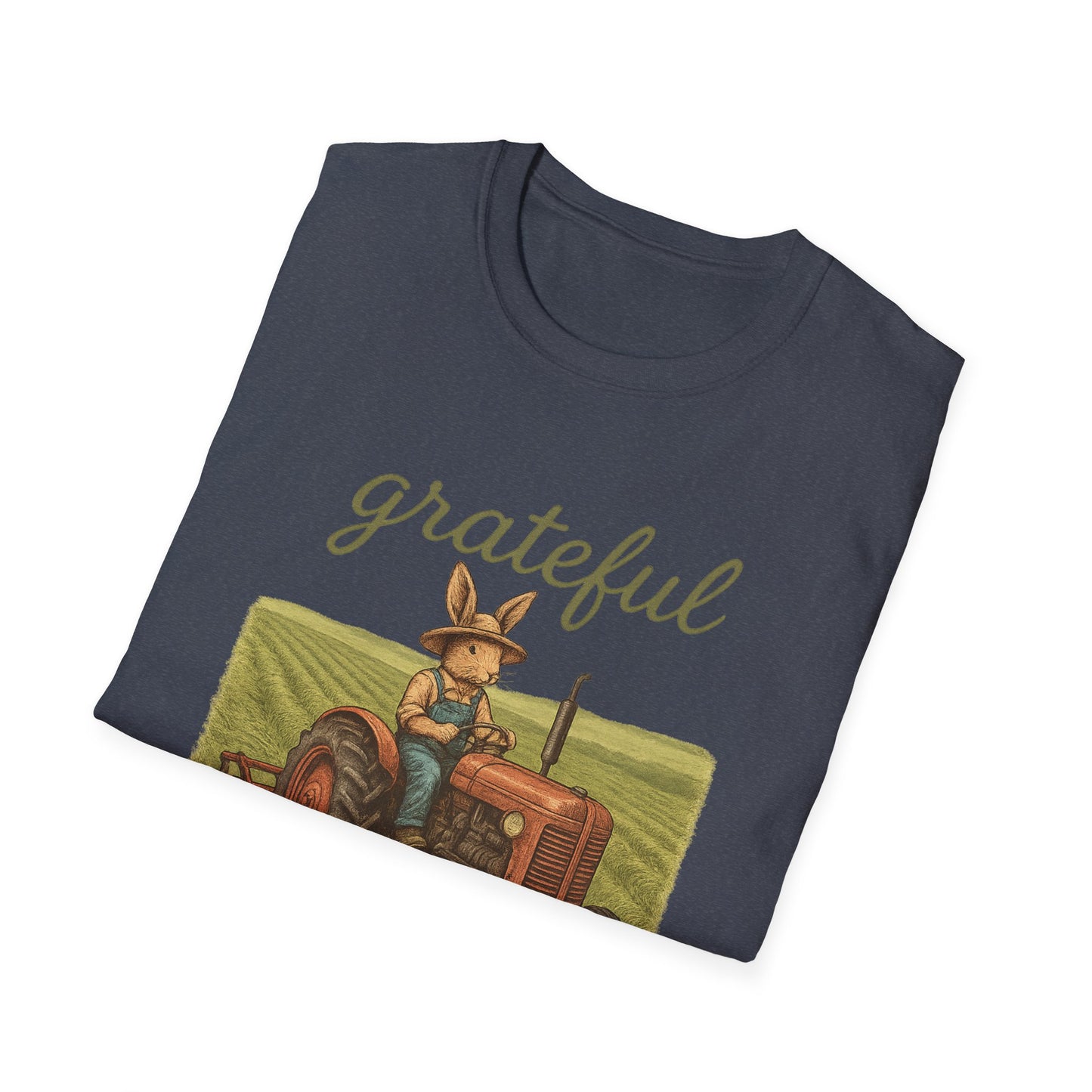 Grateful Acres Tractor Bunny Tee - Unisex Softstyle T-Shirt - Country Apparel - Farm Life Tee - Gift for Farmers & Rabbit Owners
