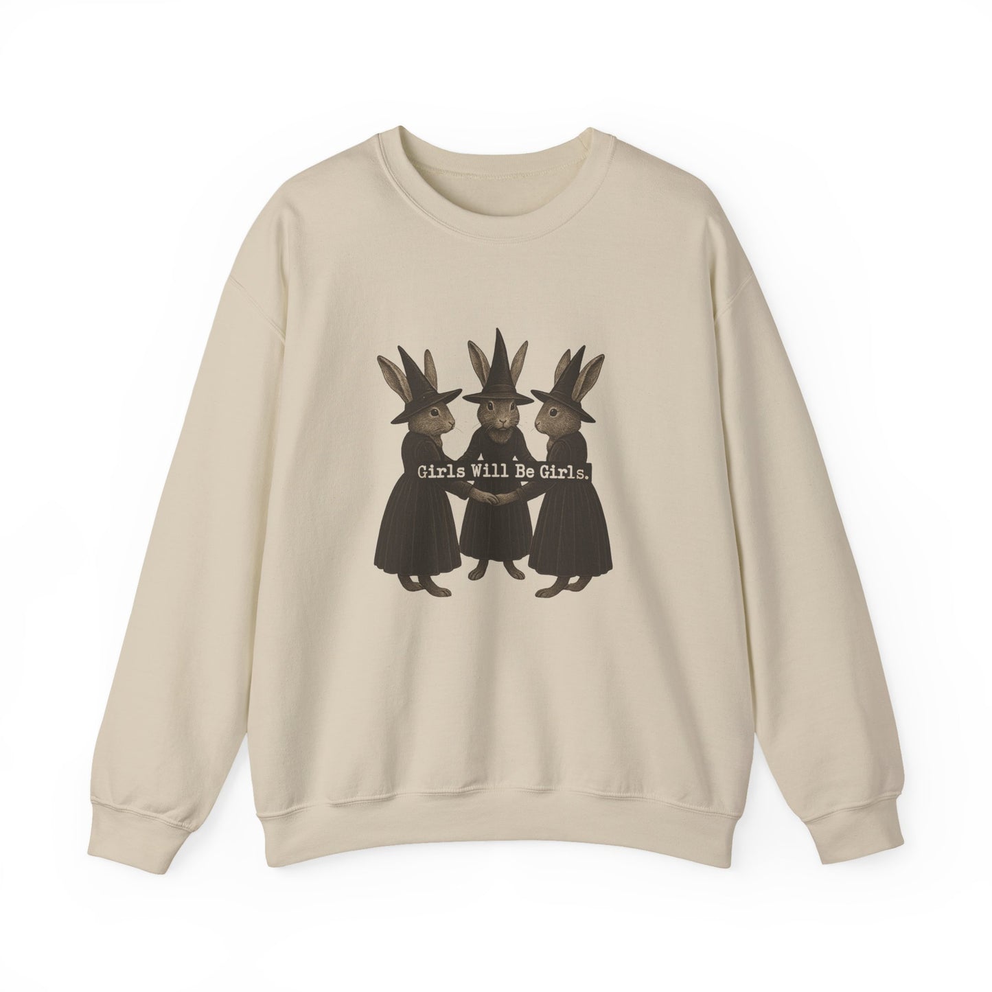 Girls Will Be Girls Witchy Rabbit Sweatshirt | Whimsical Bunny Witch Sisterhood Crewneck - Halloween & Fall Collection