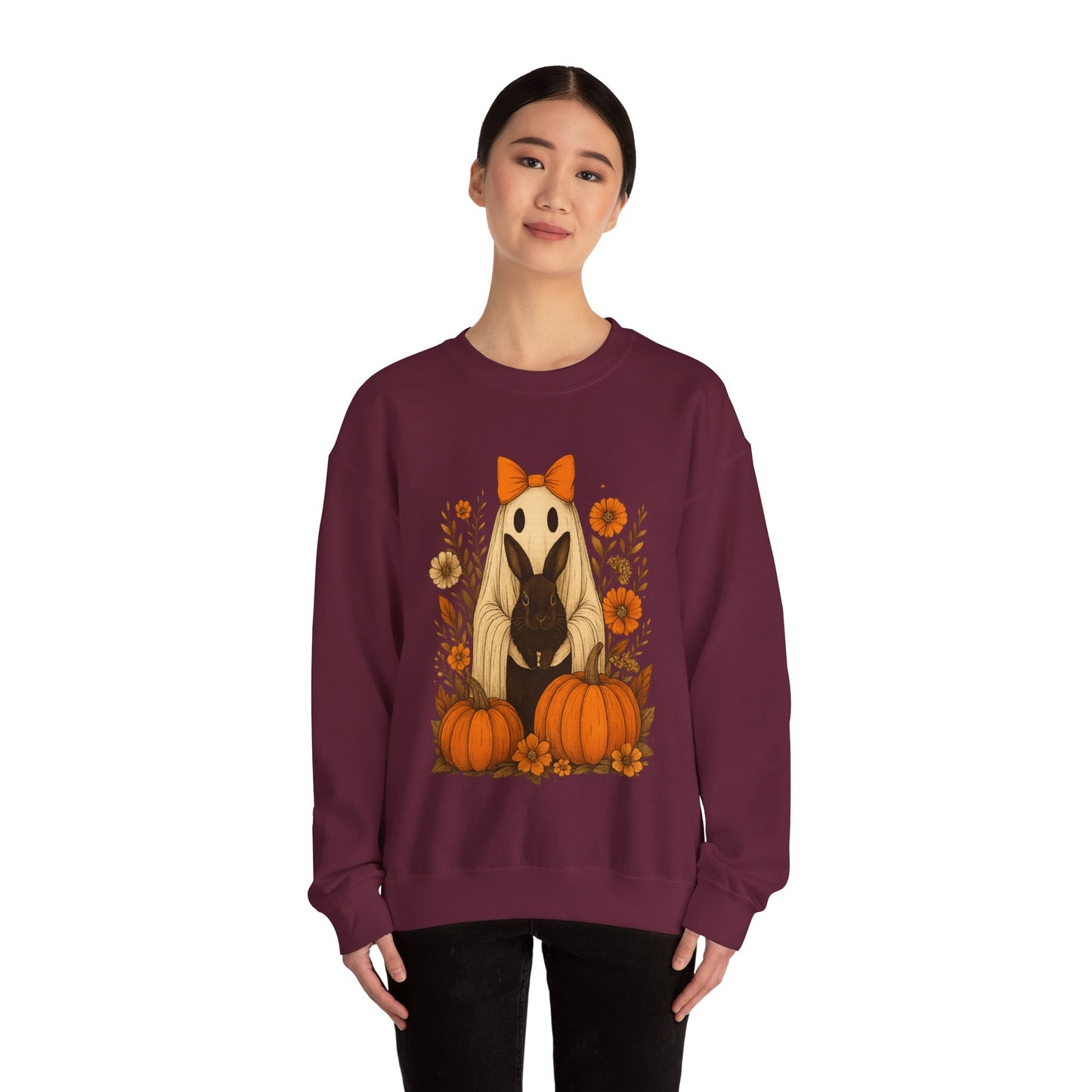 Vintage Black Rabbit with Pumpkins & Florals - Ghostly Garden Bunny Halloween Sweatshirt – Autumn Ghost Crewneck - Cozy Cute Gift